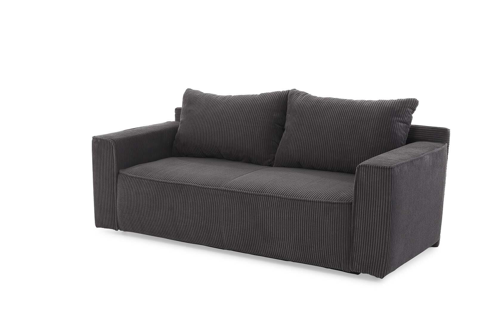 Graues Schlafsofa Ron mit Cordbezug, Metallfüßen und breiten Armlehnen, aus einer seitlichen Perspektive zur Darstellung der Form und des Designs.