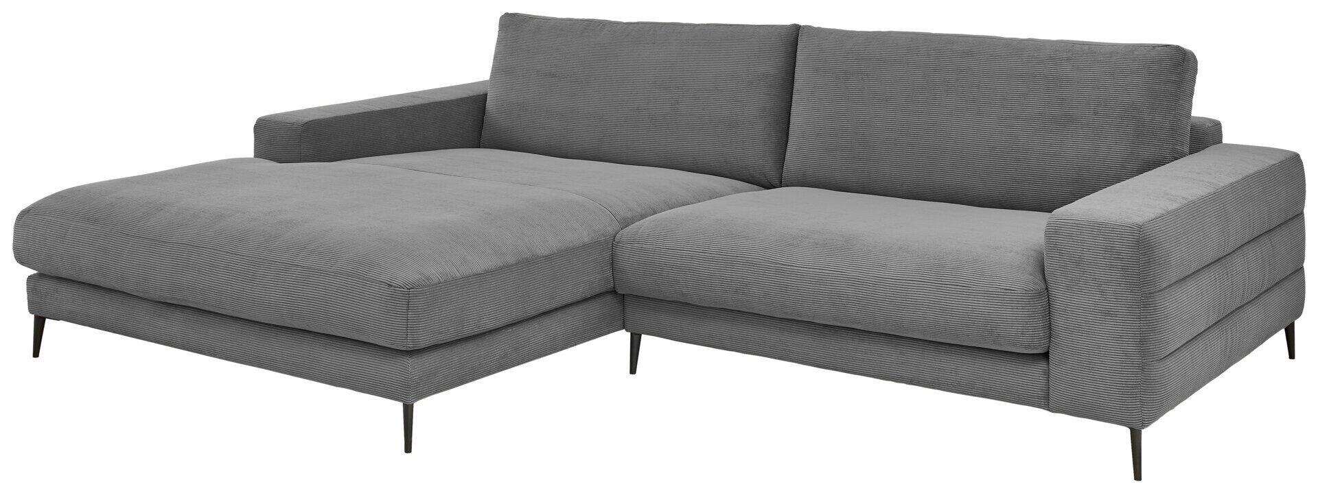 Ecksofa Badia Base 2.0 im ¾-Profil mit ausziehbarer Schlaffunktion und komfortablen Kissen auf einem schwarzen Metallfuß.