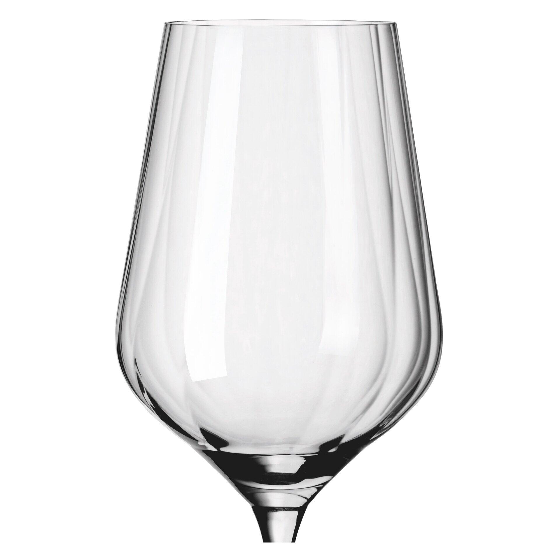 Rotweinglas mit schlanker Form und elegantem Stiel, zeigt die typische Reliefstruktur des 12-teiligen Glas-Sets.