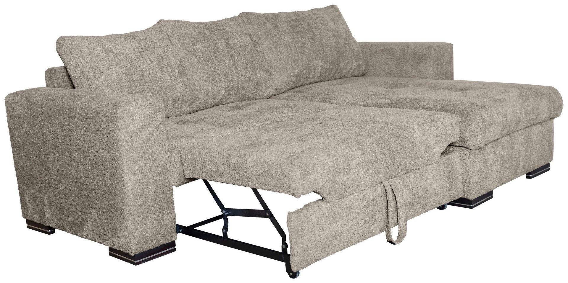 Ecksofa Malmo in hellgrau mit ausgeklappter Schlaffunktion und sichtbarem Stahl- und Kunststoffmechanismus zur Liegeflächenfreigabe.