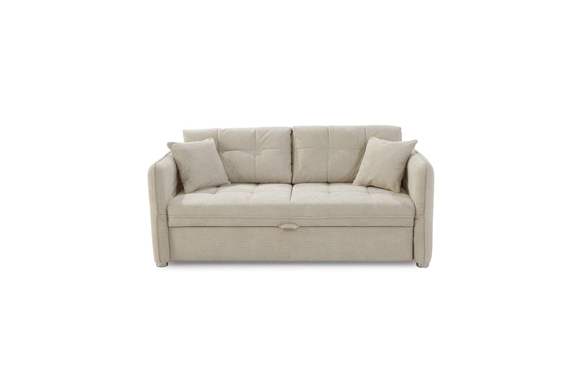 Schlafcouch Leon in hellbeige mit ausgezogenen Liegeflächen und Schublade unter der Sitzfläche, aus der Vogelperspektive sichtbar.