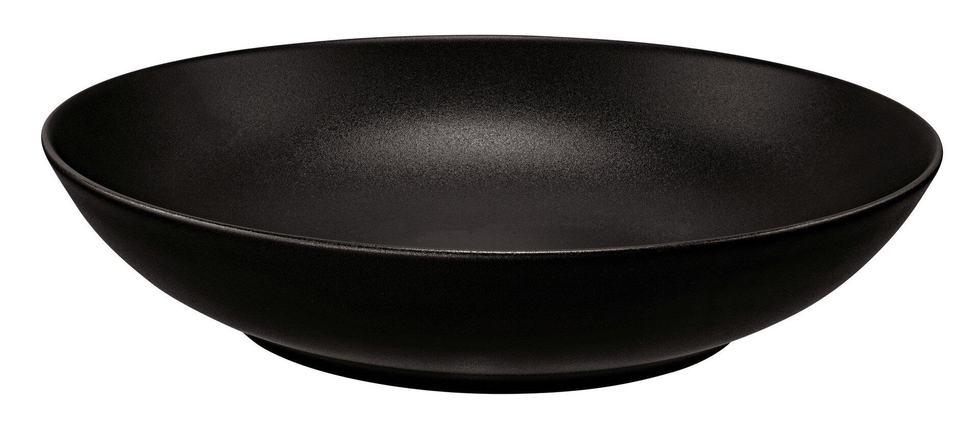 Suppenteller Liberty Velvet Black, schwarze Schale mit schrägen Innenwänden und ringförmiger Basis aus der Vogelperspektive.