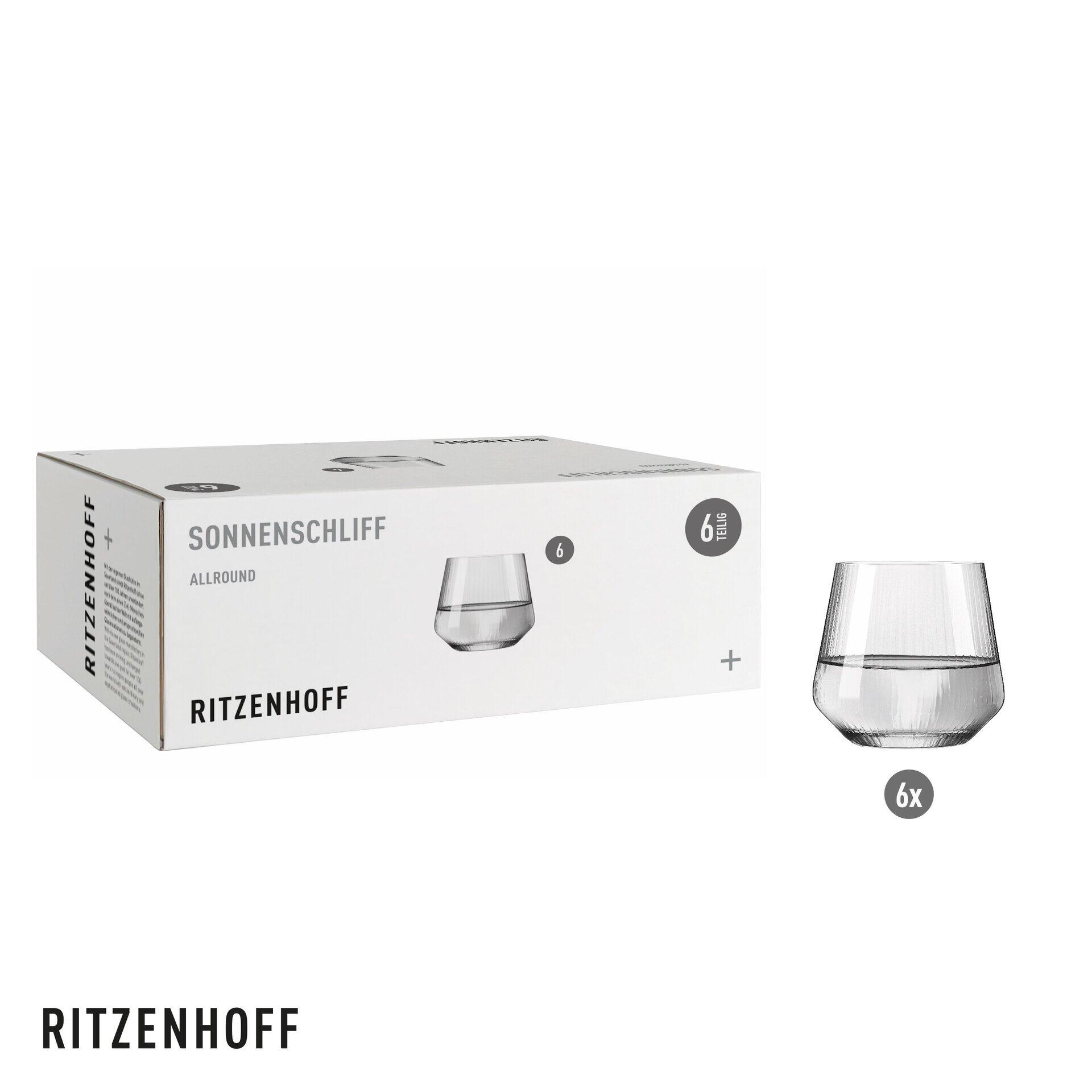 Allroundglas-Set "SONNENSCHLIFF": Sechs Gläser mit geriffeltem Muster in einer Geschenkbox, aus der Vogelsperspektive leicht schräg aufgenommen.