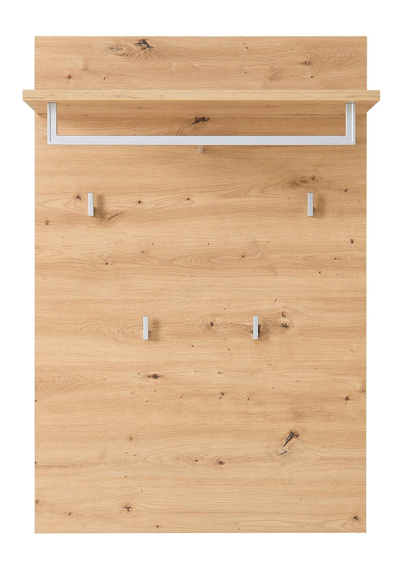Garderobenpaneel Bari mit weißem Rahmen, Holzoptik-Brett und drei Haken für Wandmontage.