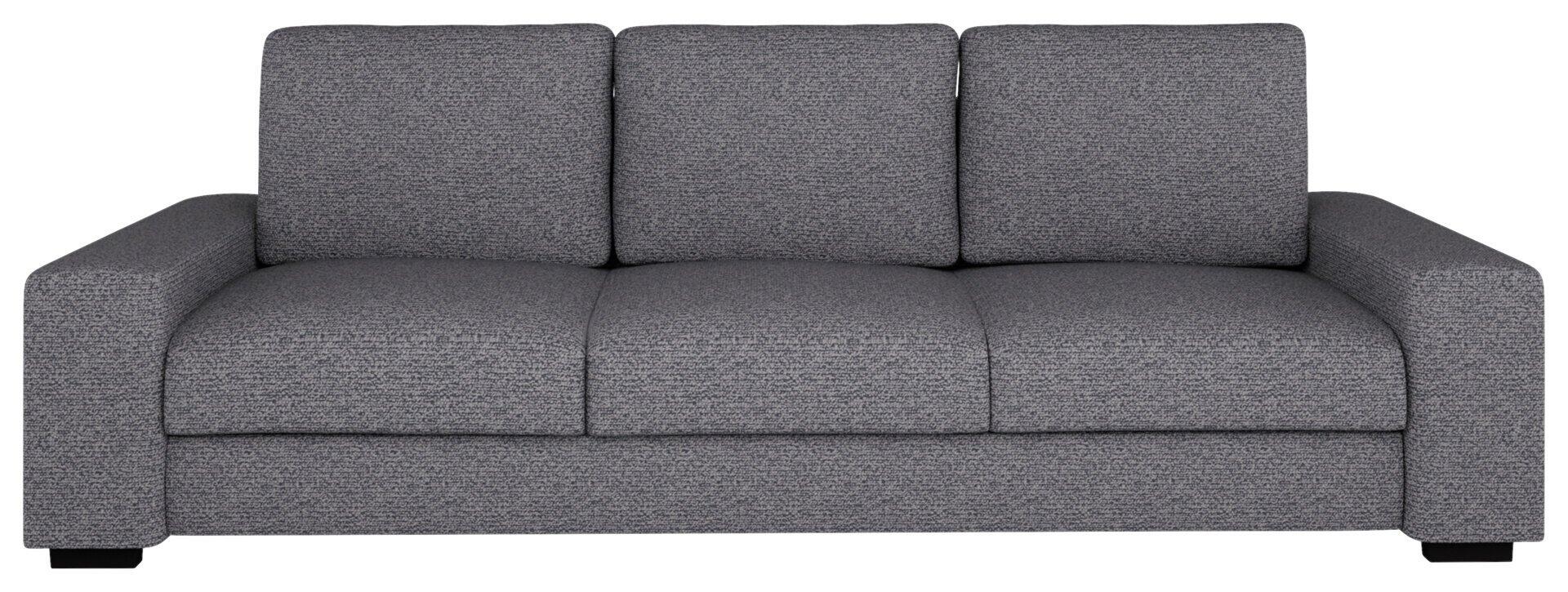 Schlafsofa Roland 3 mit grauer Polsterung, geradlinigem Design und drei separaten Rückenlehnenkissen.