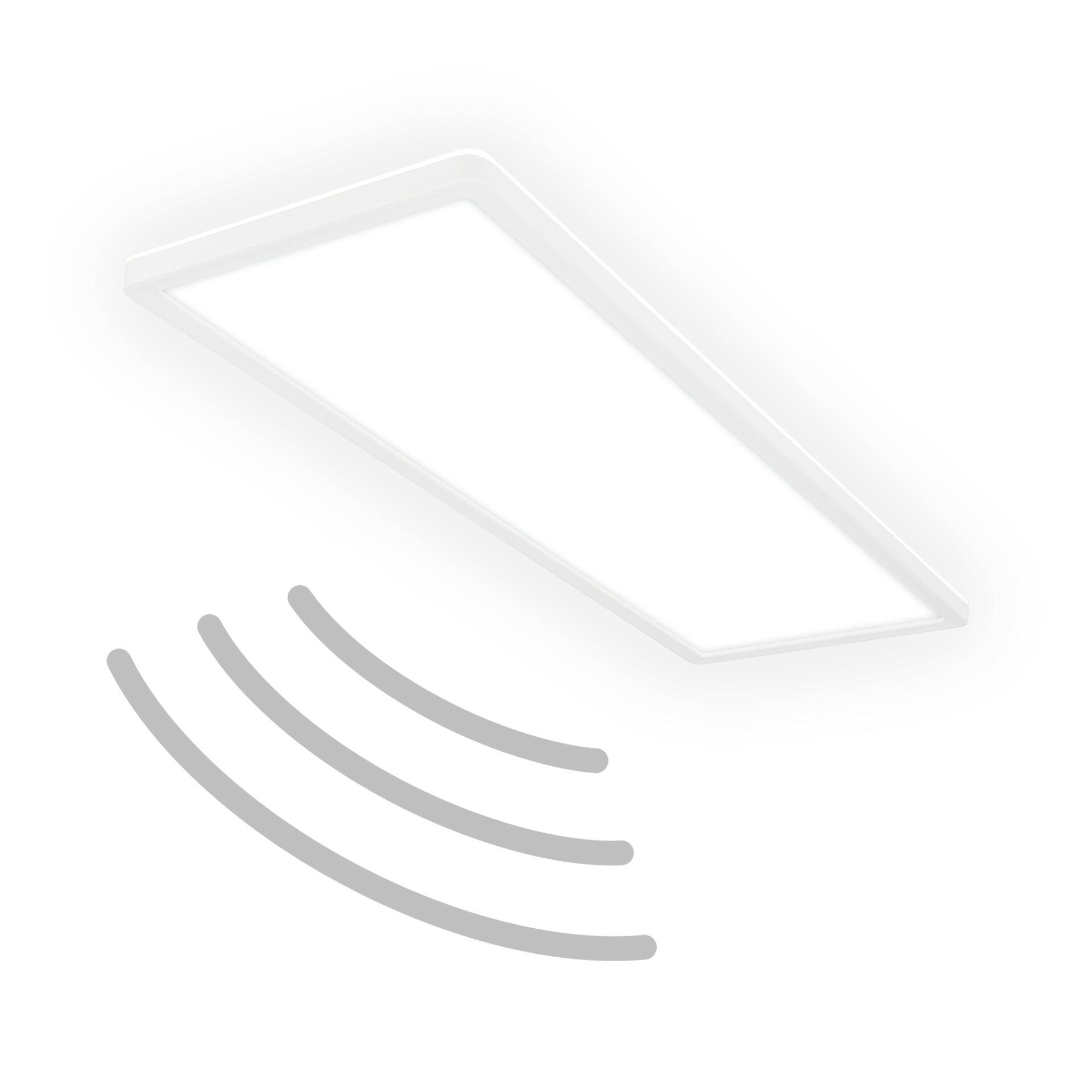 Weiße, quadratische Deckenleuchte Panel Move mit flacher Bauweise und geneigter Ausrichtung, die ihre Beleuchtungsfunktion durch Lichtstrahlen verdeutlicht.