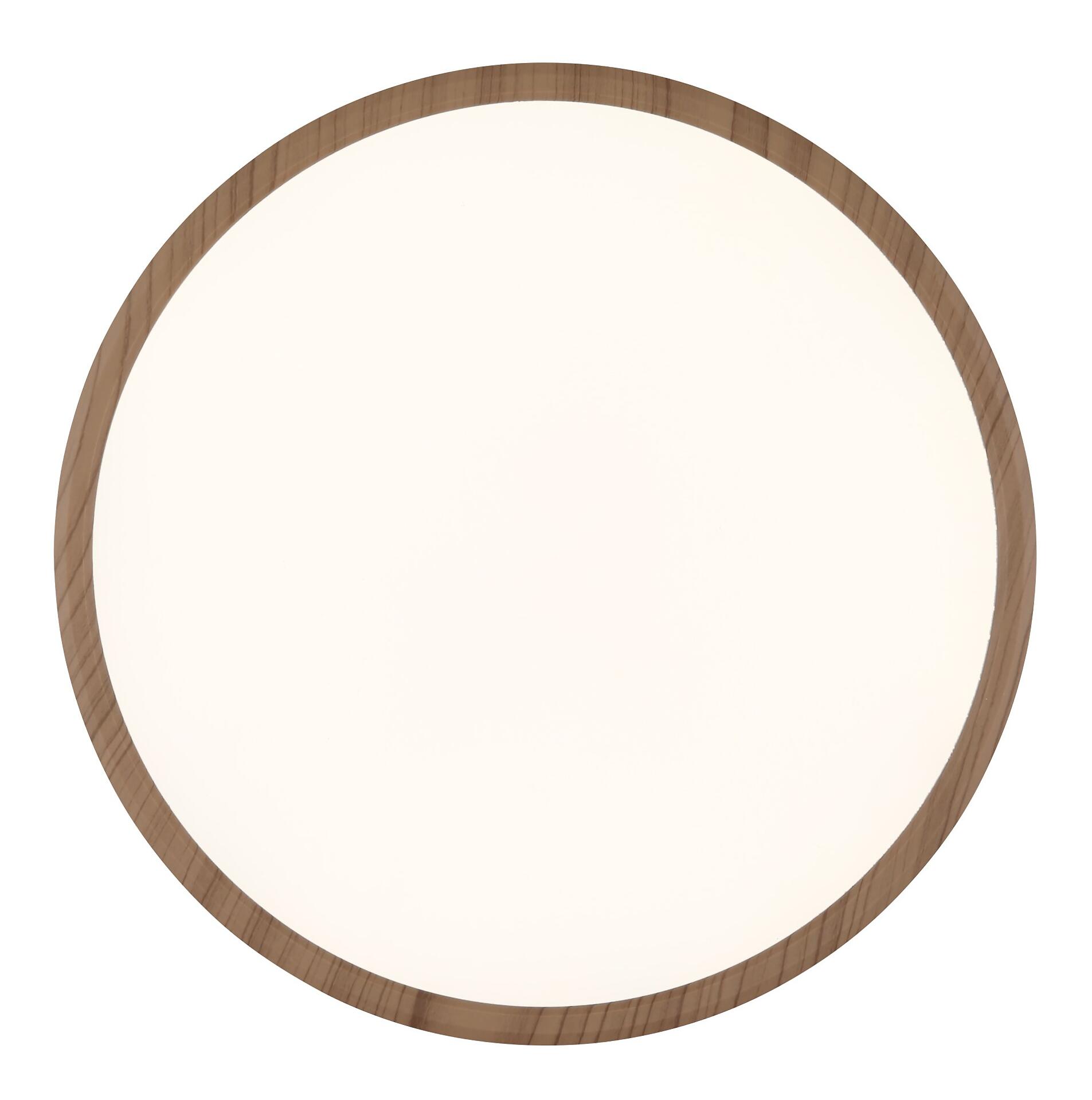 Deckenleuchte SAPANA mit rundem Design und Holzrahmen, die ein diffuses, warmweißes Licht gleichmäßig verteilt.