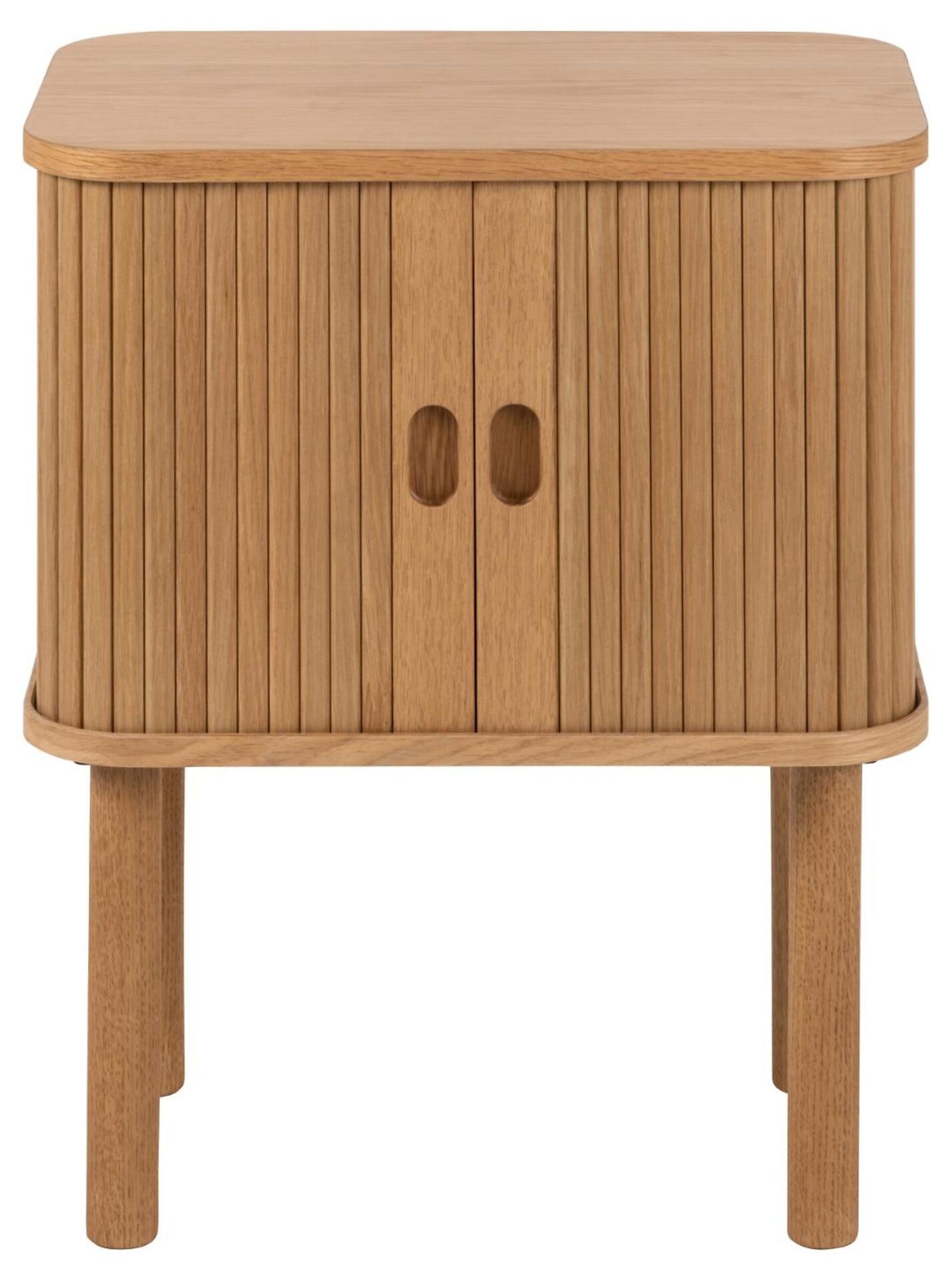 Nachttisch Langley mit zwei Türen, Lamellenfront und runden Holzgriffen in Frontalperspektive.