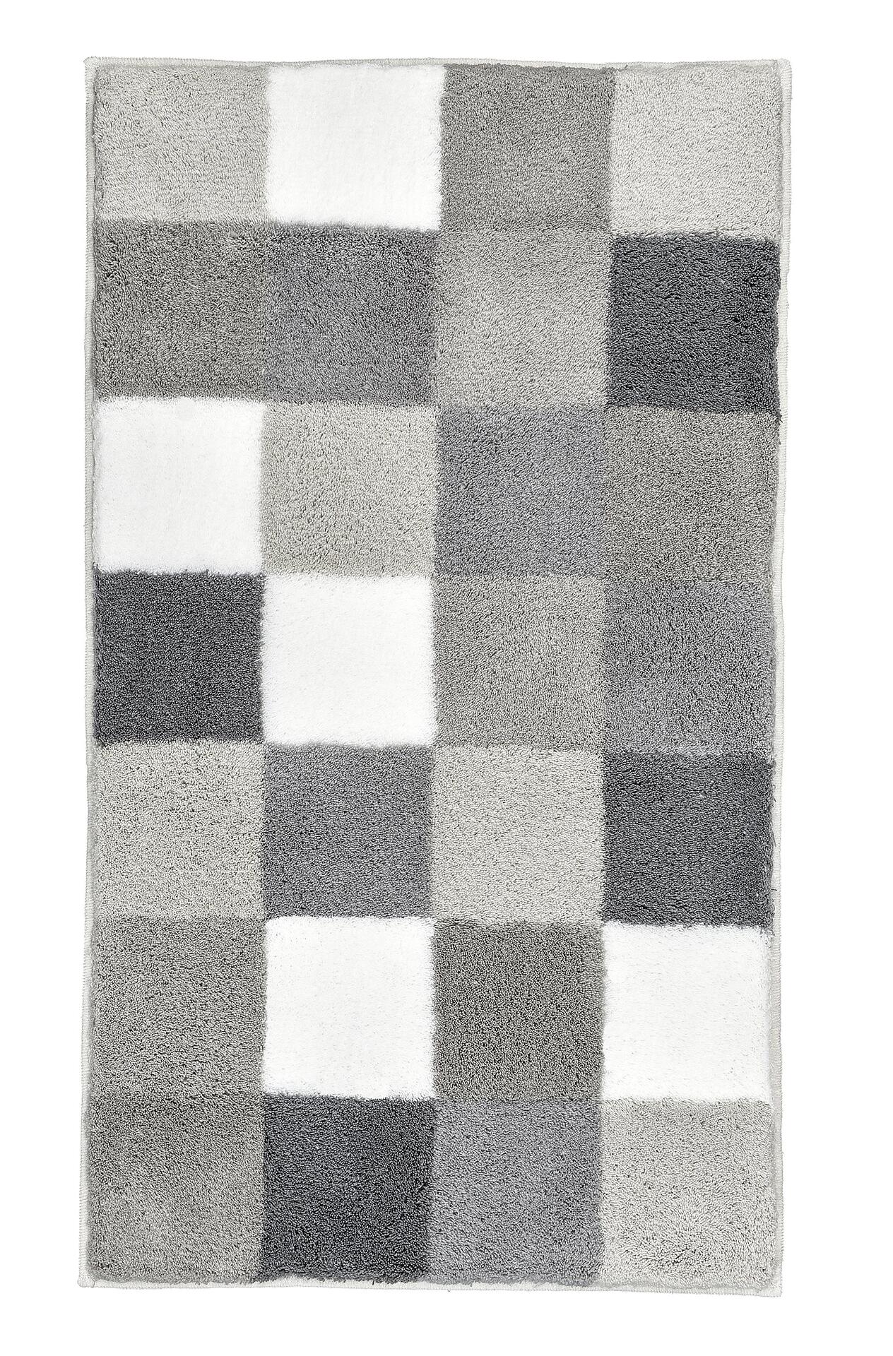 Badteppich Caro aus flauschigem Flanell mit Schachbrettmuster in Weiß, Hellgrau und Dunkelgrau.