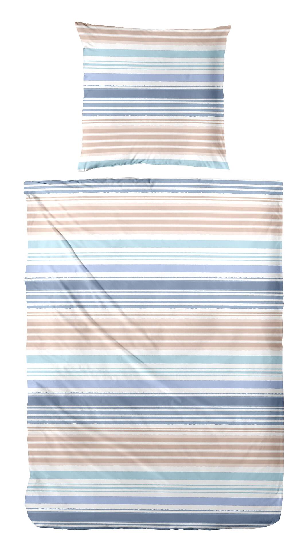 Blau-braunes Renforce-Bettwäsche-Set mit horizontalen Streifen in Beige, Blau und Weiß, bestehend aus Kopfkissenbezug und Bettdecke.