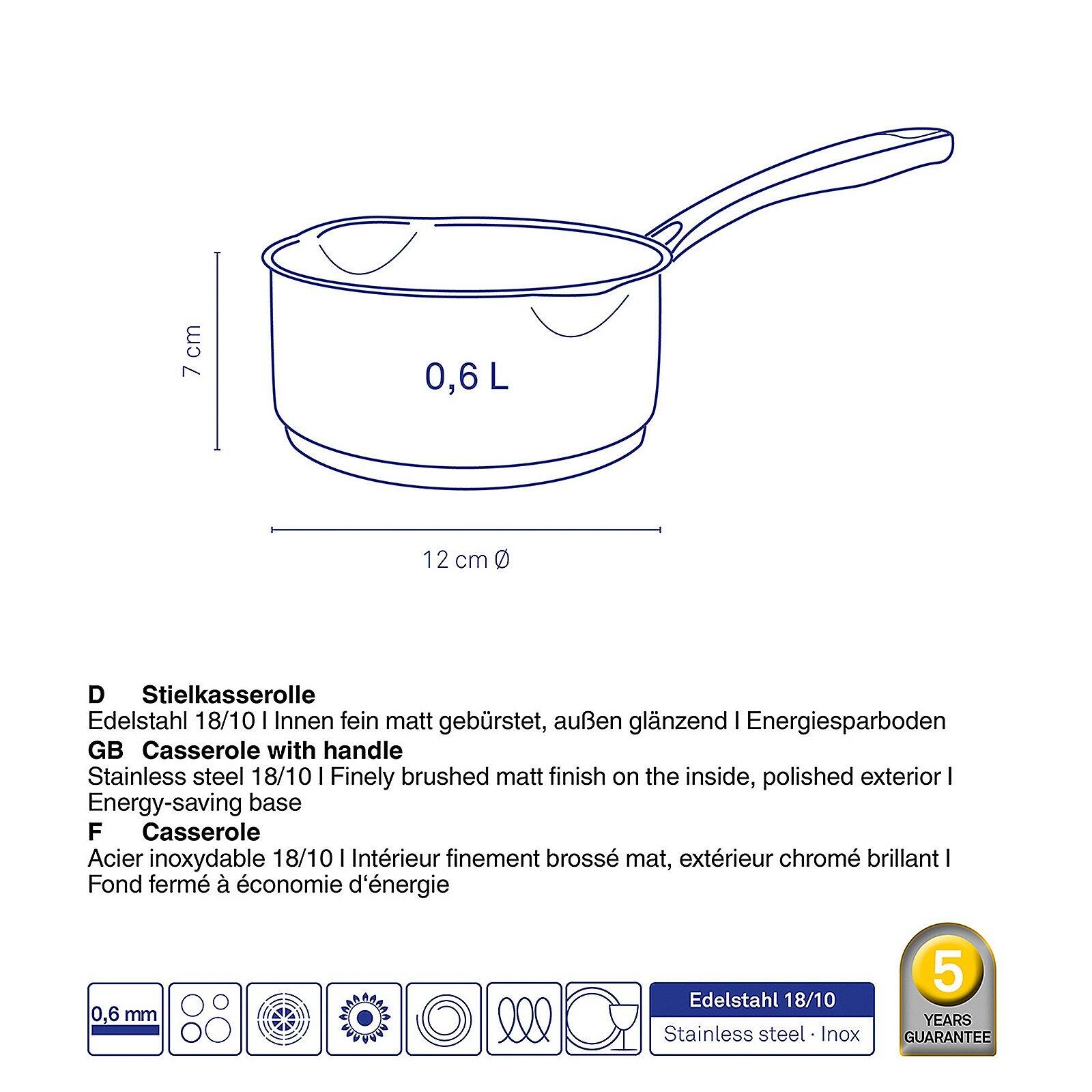 Edelstahl-Casserole Flavoria mit Deckel, Nahaufnahme mit Details zur Basis und Energiesparfunktion, Durchmesser 12 cm, Höhe 7 cm, 5 Jahre Garantie.