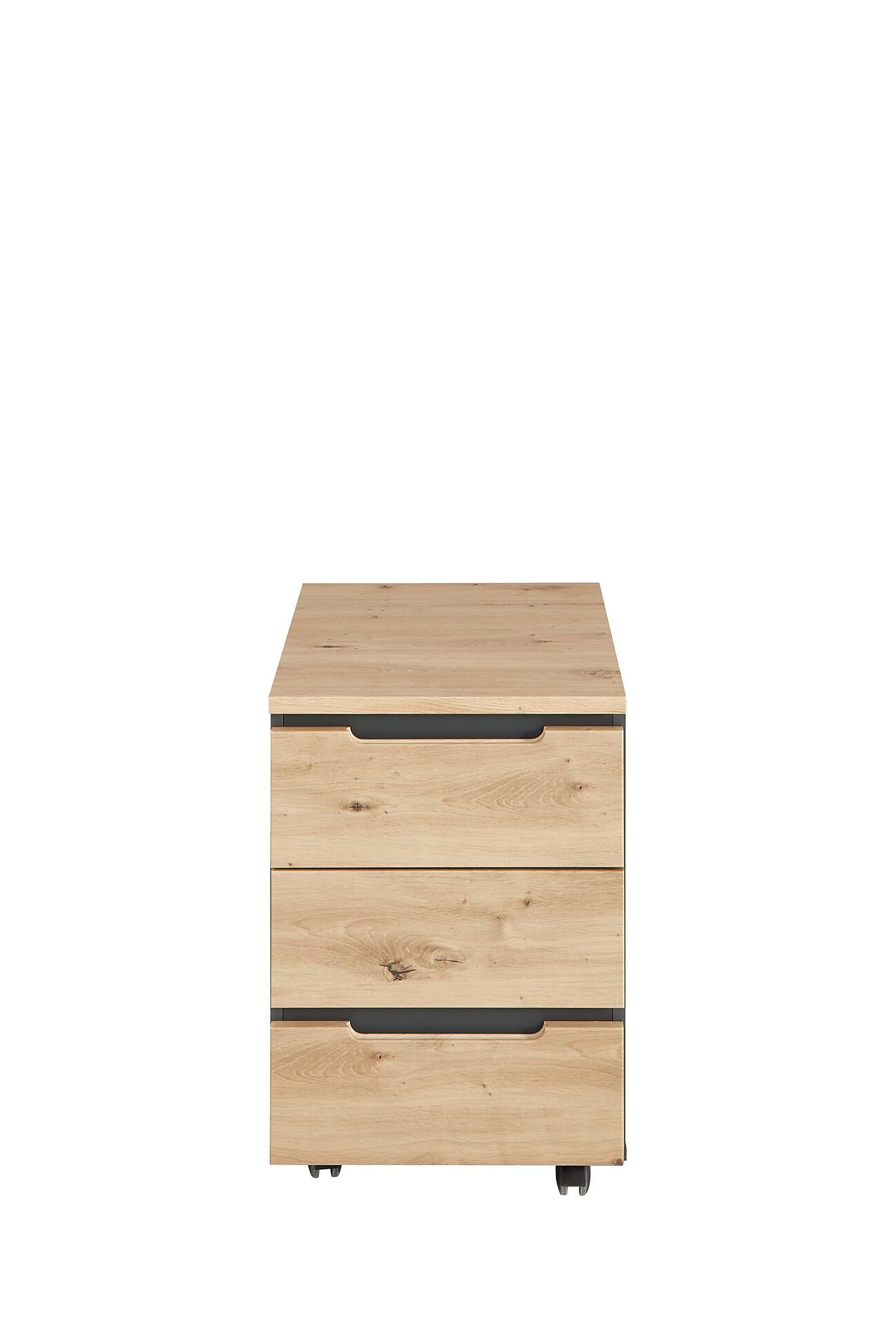 Rollcontainer Memphis mit drei Schubladen, schwarzen Griffen und Rollen für flexible Mobilität.