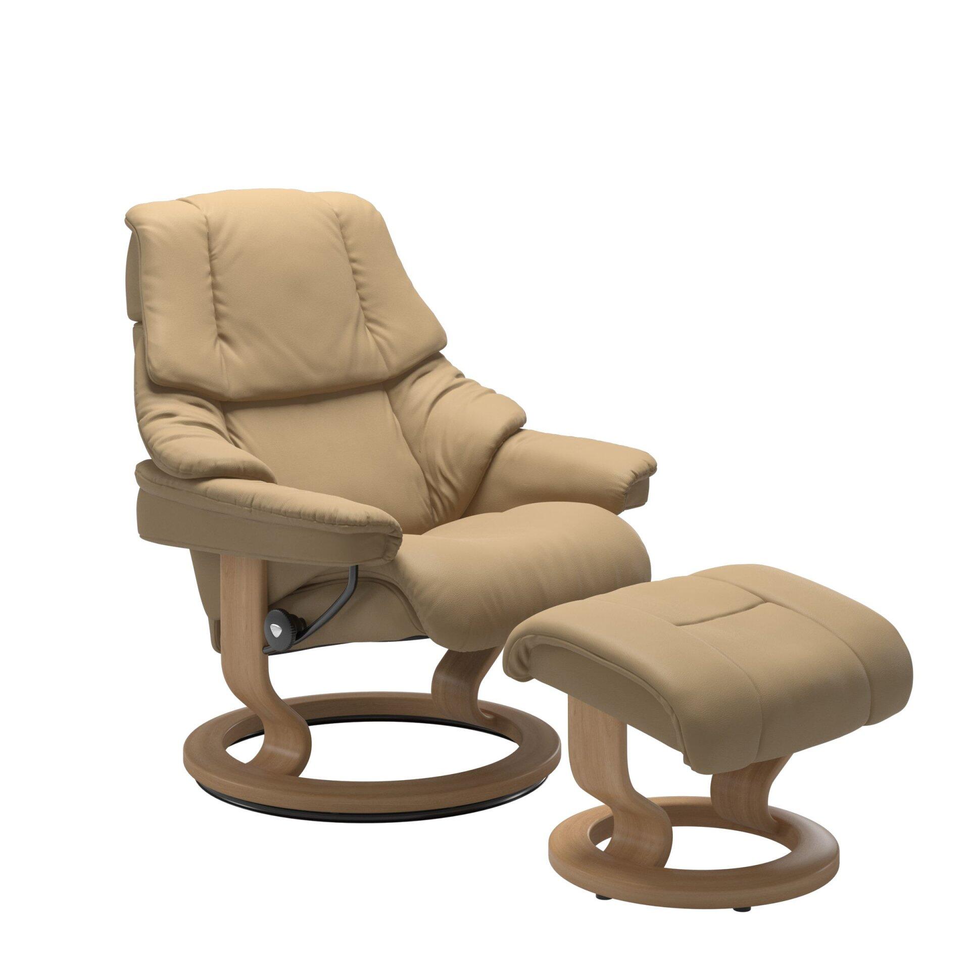 Relaxsessel Reno mit höhenverstellbarer Kopfstütze und Drehfunktion, gezeigt aus erhöhter Seitenansicht mit Blick auf die Vorderseite, inklusive Fußhocker und Detailaufnahme des Knopfes zur Verstellung der Liegeposition.