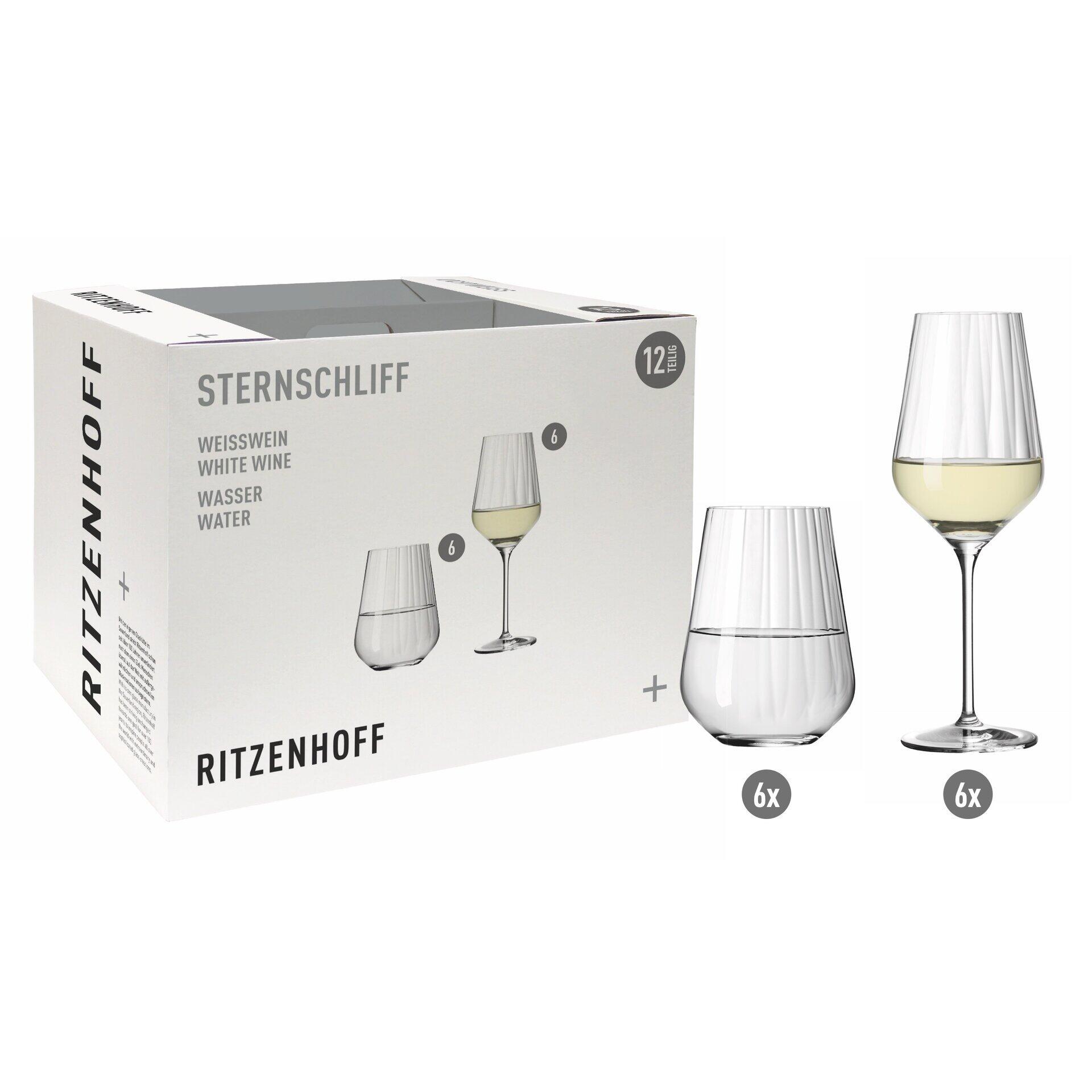 Weißwein- und Wasserglas-Set von RITZENHOFF in Geschenkbox mit sechs Gläsern, die einen sternförmigen, facettierten Schliff zeigen.