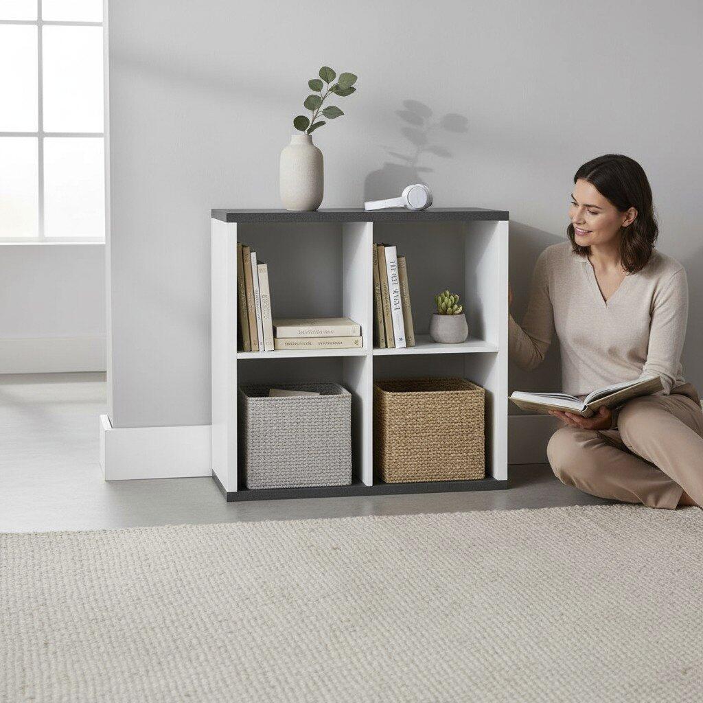 Weißes Regal mit schwarzem Rahmen und vier rechteckigen Fächern, gefüllt mit Büchern, Pflanzen und Körben, in seitlicher Perspektive, um Größe und Design im Wohnambiente zu zeigen.