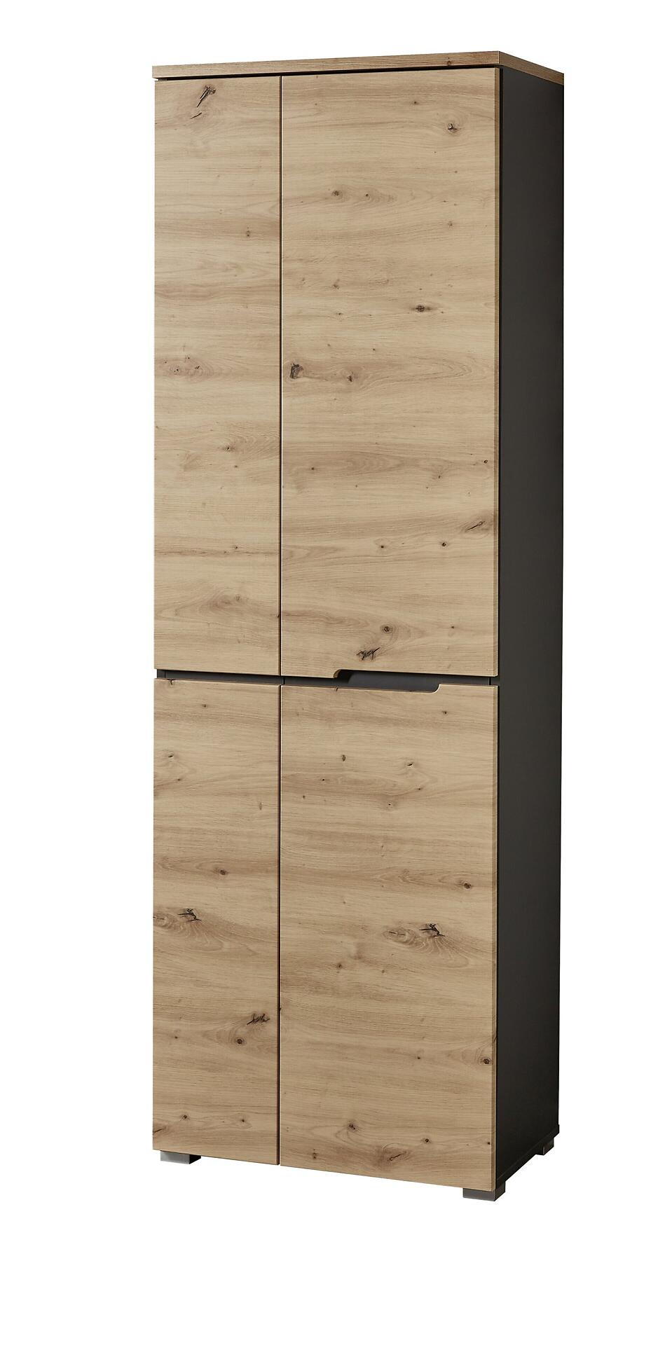 Garderobenschrank Detroit mit Artisan-Eiche-Front und dunkelgrauem Oberteil, dargestellt in voller Frontalansicht mit zwei Holztüren und einer Schublade.