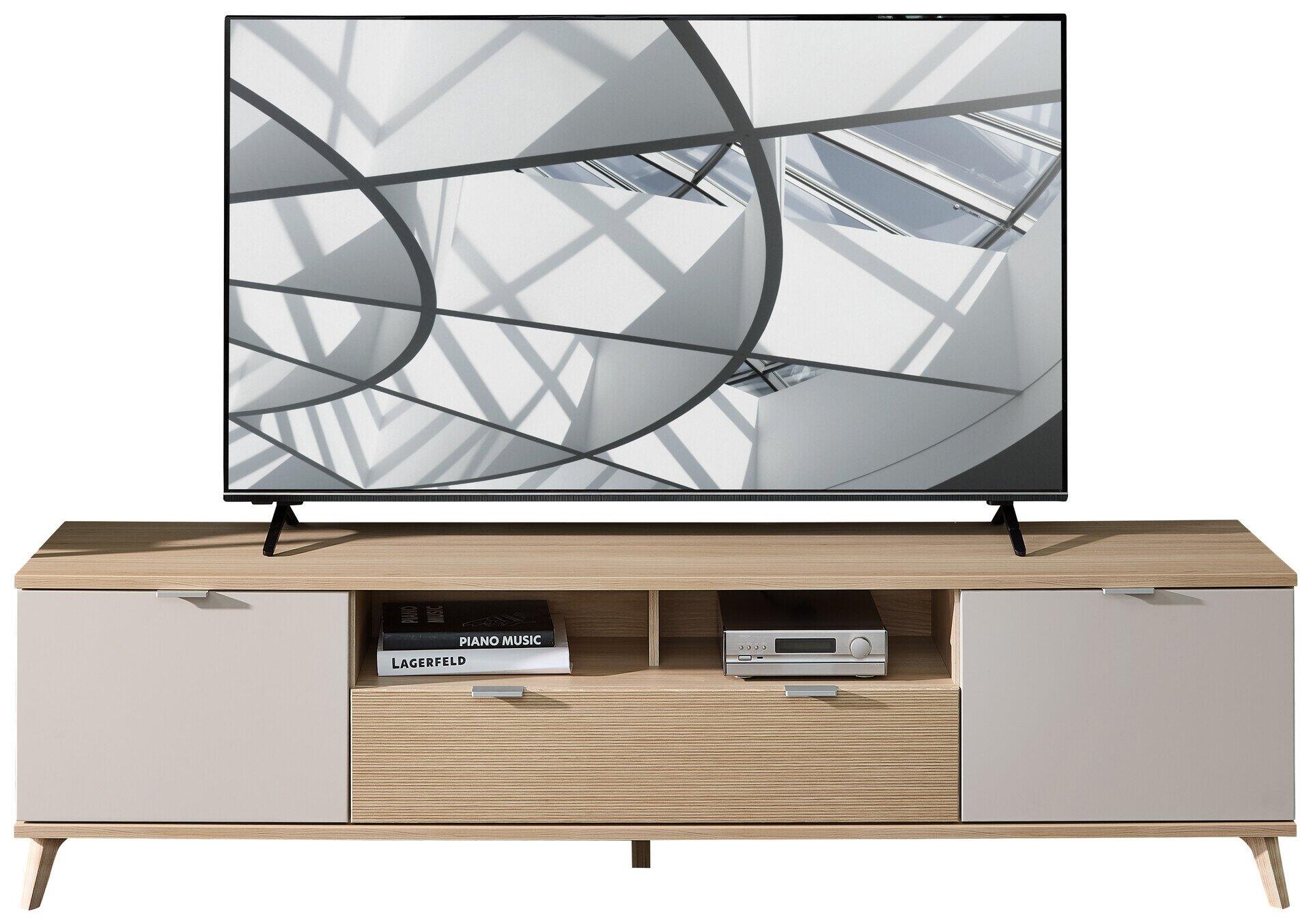 Moderne TV-Konsole Basel-G mit Abs. Eiche Lamellendekor, Cashmere-Fronten, zwei Türen, offenen Fächern mit Regalböden und horizontal gerillter Schublade, präsentiert in einer seitlichen Produktansicht.