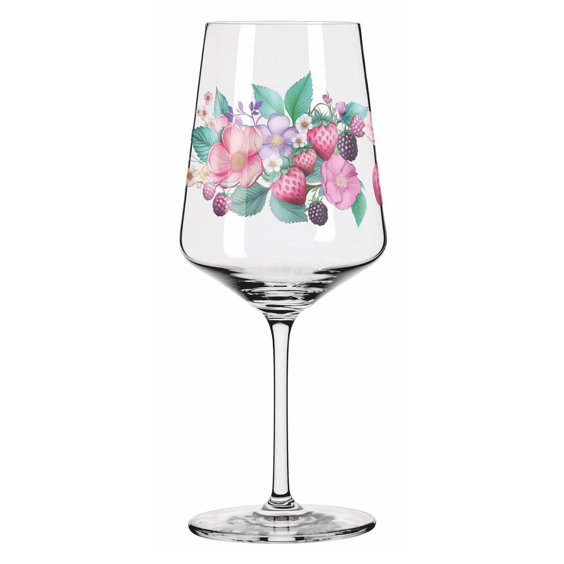 Aperitifglas mit detailliertem botanischen Motiv aus Erdbeeren, Himbeeren, Blüten und Blattwerk, präsentiert in gerader Perspektive und aufrecht stehend.
