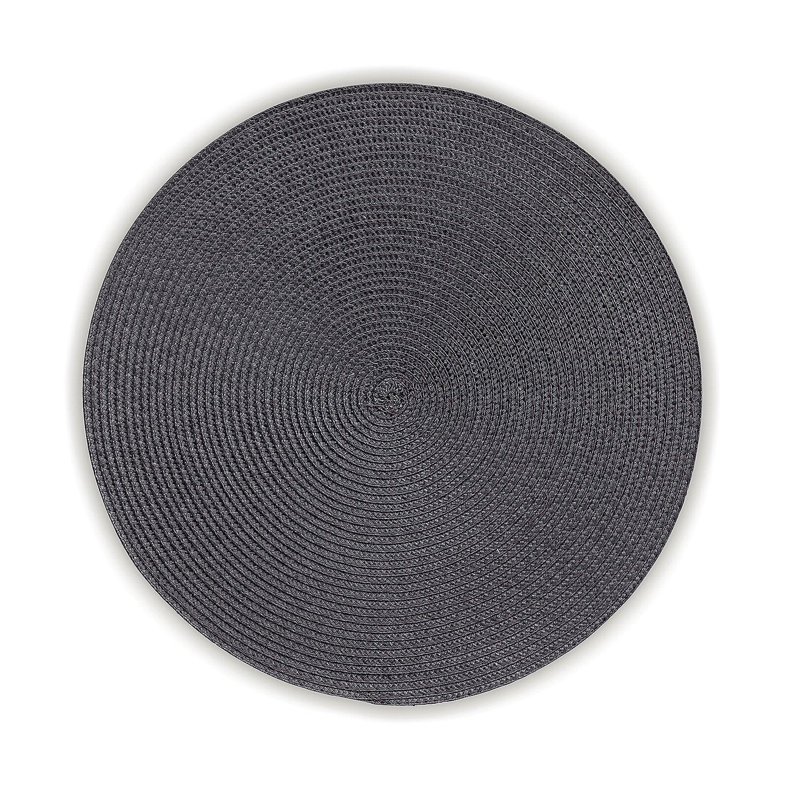 Runde, dunkelgraue Rattantropfmatte Kimya aus der Vogelperspektive mit eng gewobenen, horizontalen Streifen.