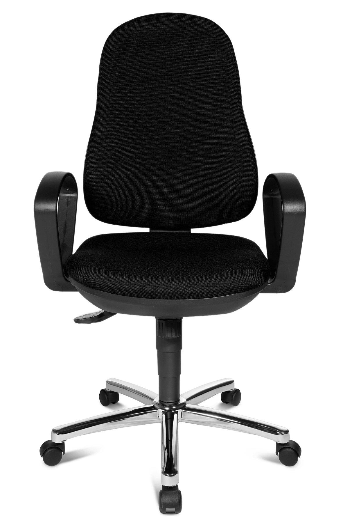 Schwarzer Bürostuhl Syncro Steel mit Chromgestell, Ringarmlehnen und hoch ergonomischer, leicht gebogener Rückenlehne, Frontalansicht mit sichtbarem Verstellmechanismus.