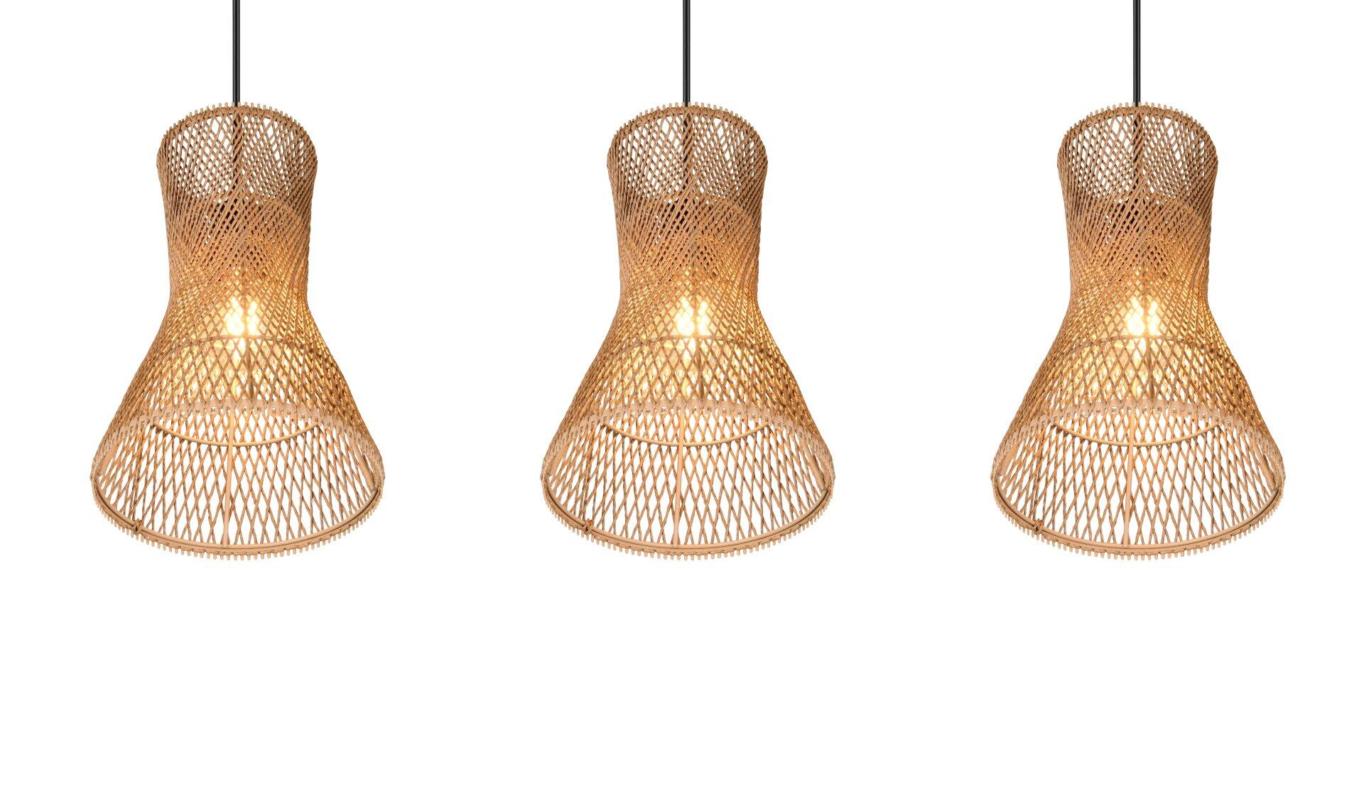 Drei Pendelleuchten Bijou aus geflochtenem Material mit konischer Form, die an unsichtbaren Aufhängungen schweben und warmes Licht abstrahlen.