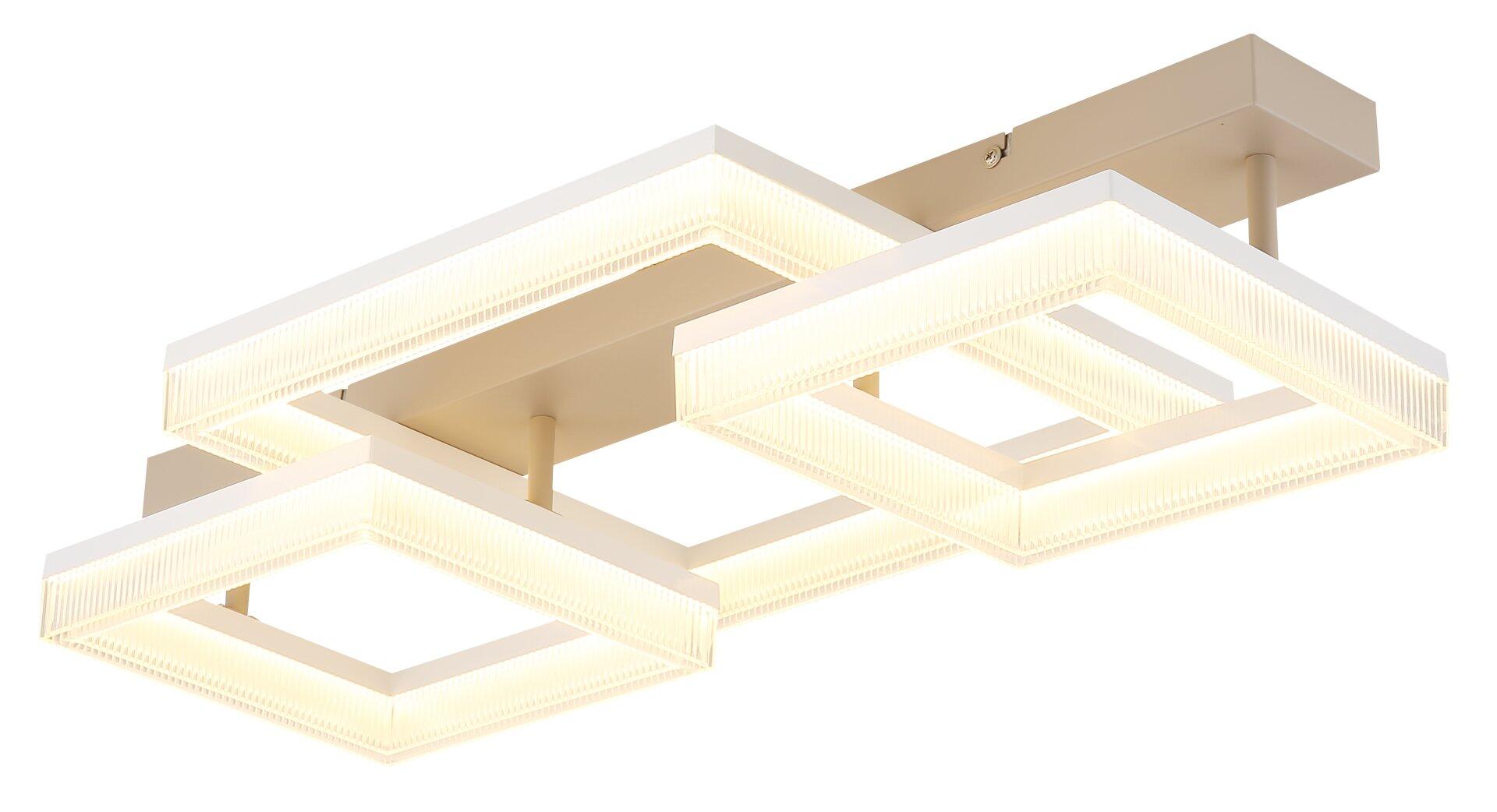 Deckenleuchte ZARA mit mehreren quadratischen, ineinander verschachtelten Rahmen, die von einer goldenen Metallplatte abgehängt sind und warmweißes Licht abstrahlen.