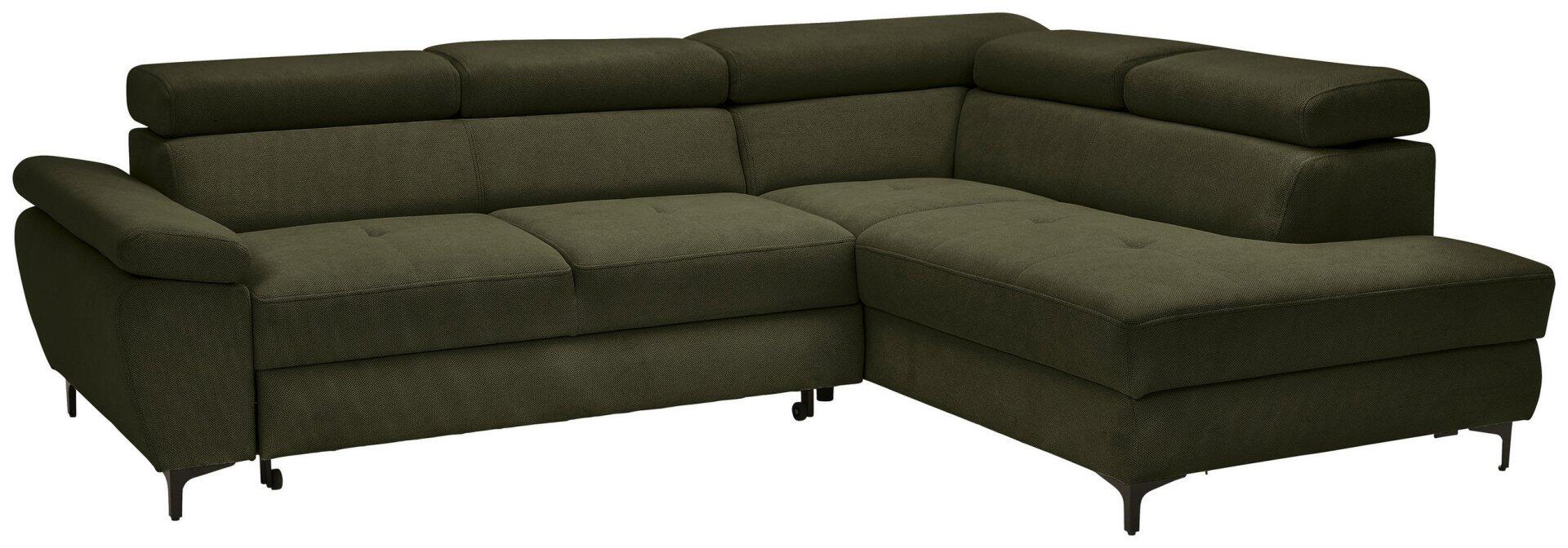Ecksofa Combo in Dunkelgrün-Oliv mit abklappbarer Kopfstütze, verstellbaren Arm- und Kopfteilen sowie ausziehbarer Liegefläche und Winkelfüßen.