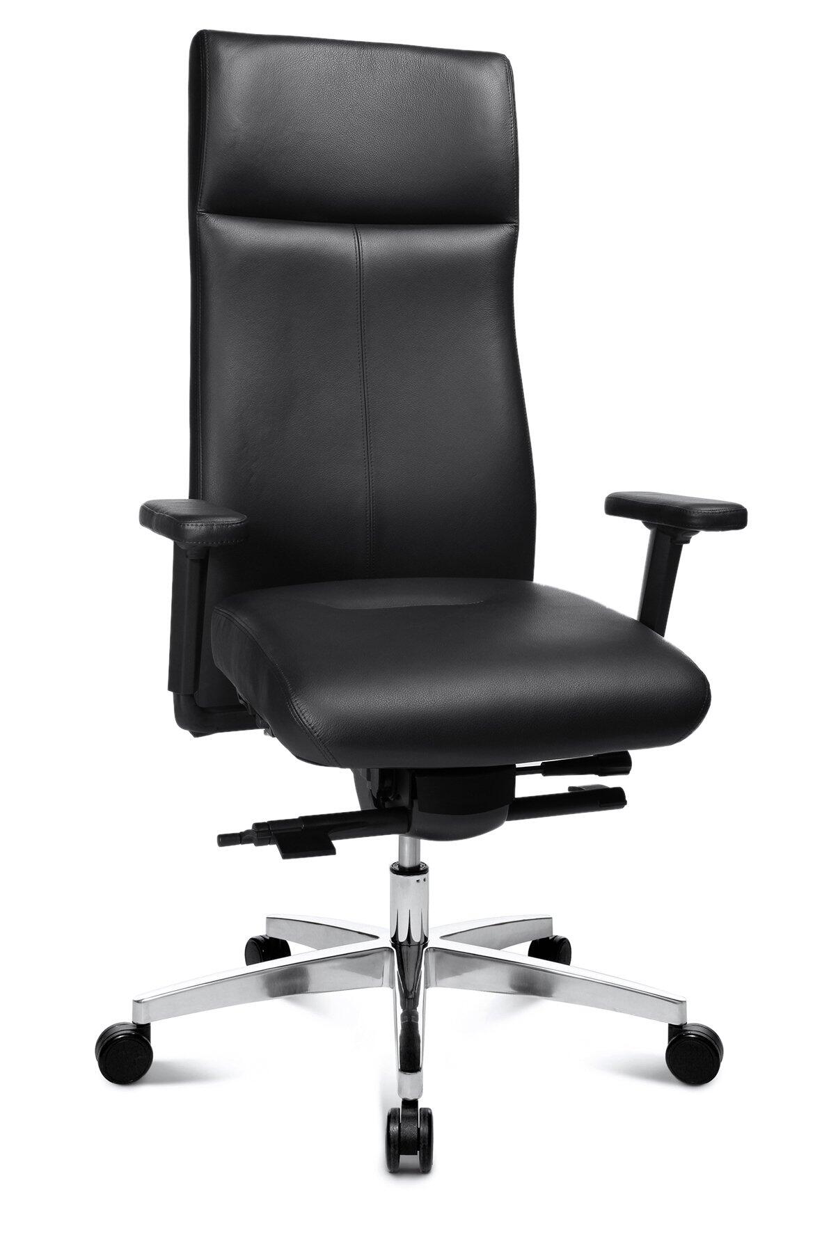 Sitness Director 900 Bürostuhl, frontal und leicht seitlich dargestellt, mit hoher, ergonomischer Rückenlehne, schmalen Armlehnen und silberfarbenem Fußkreuz für flexible Bewegung.