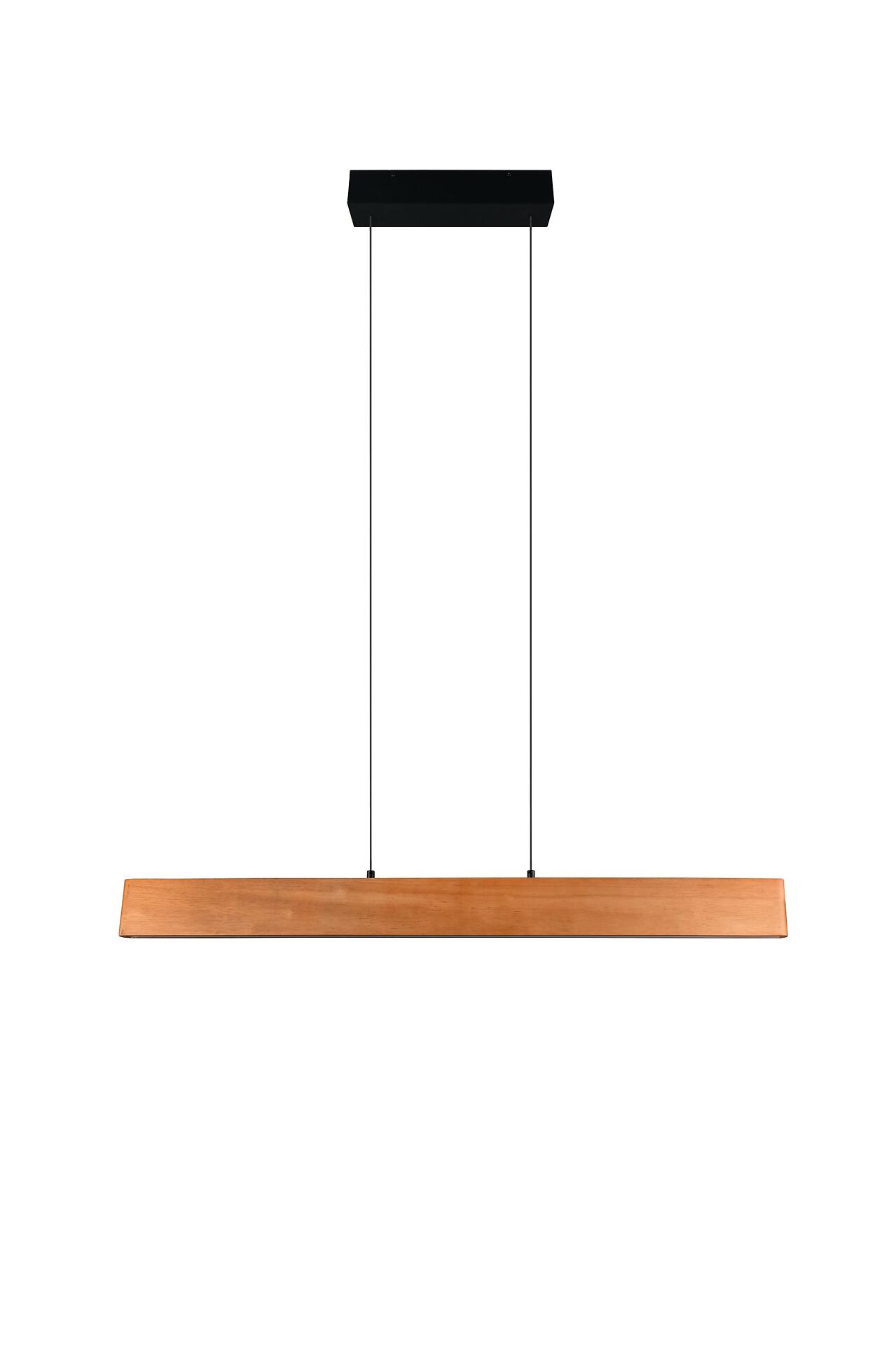 Pendelleuchte Edgewood aus Vogelperspektive mit horizontal ausgerichteter Holzleiste in einem schwarzen Metallgehäuse, die an einem schwarzen Kabel von der Decke hängt.
