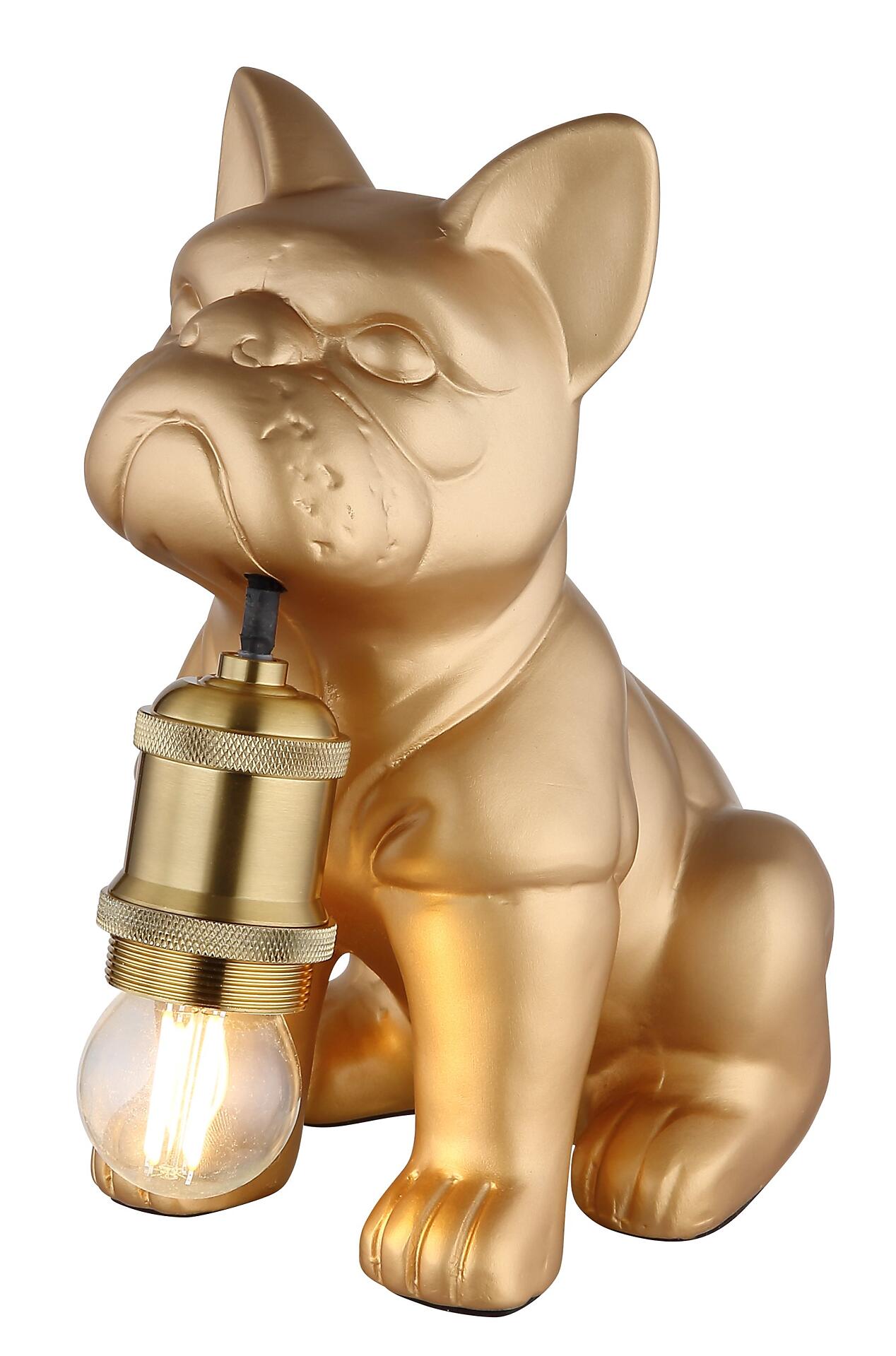 Tischleuchte DOGO in Form einer goldenen Bulldogge, seitlich dargestellt mit sichtbarer E27-Glühbirne und abwärts gerichtetem Lichtschein.