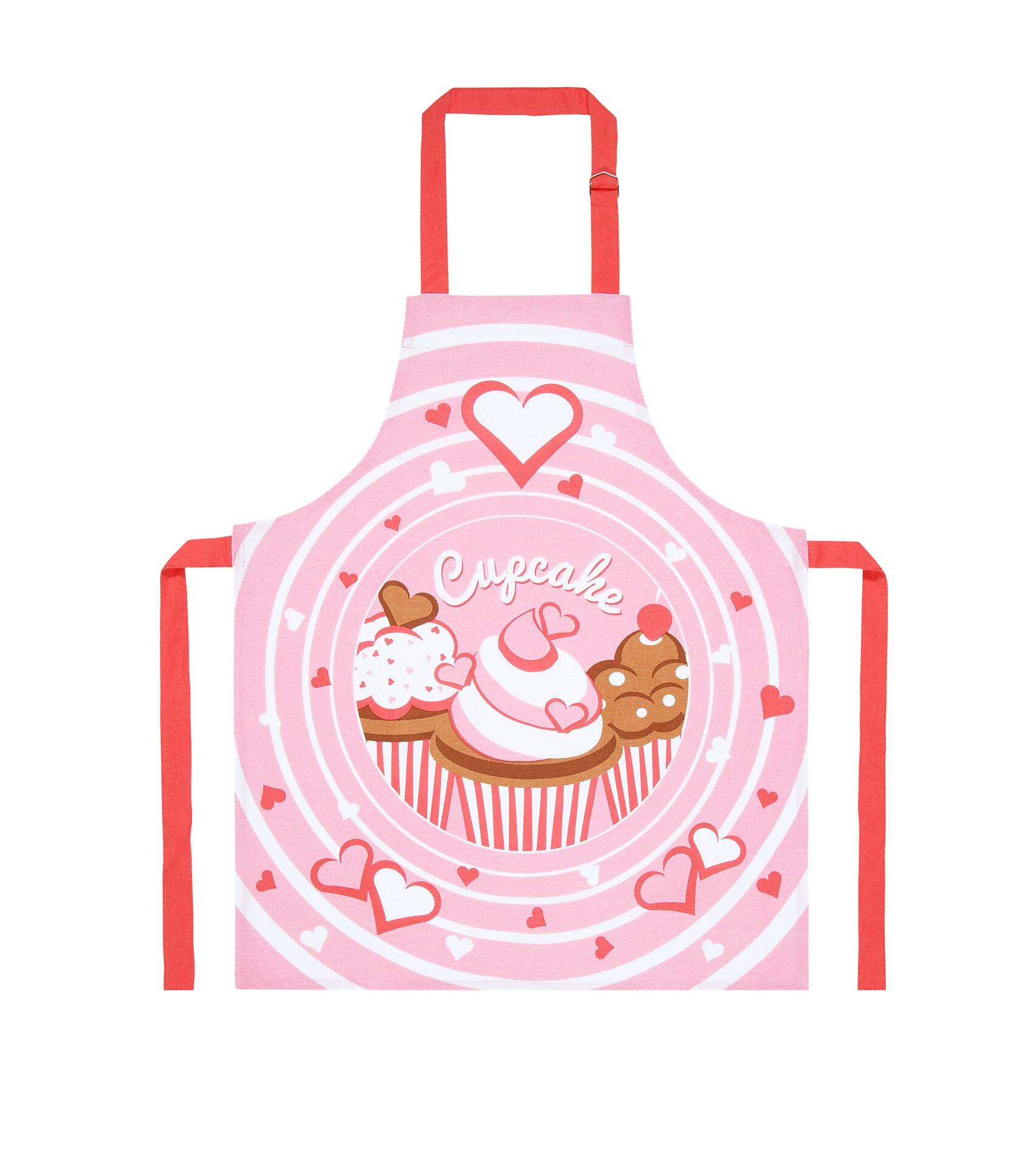 Kinderschürze Fancy Cakes: Frontale Ansicht einer hellrosa Schürze mit Cupcake-Druck, weißen Punkten und roten Bändern.