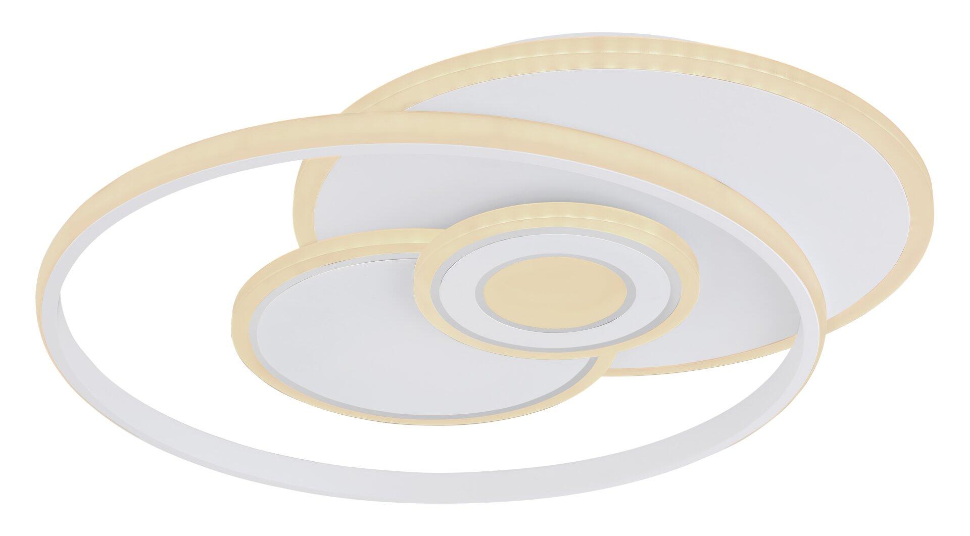 Moderne Deckenleuchte RODERICK mit drei ringförmigen Elementen in Weiß und Gelbton, die eine minimalistische und elegante Optik zeigt.