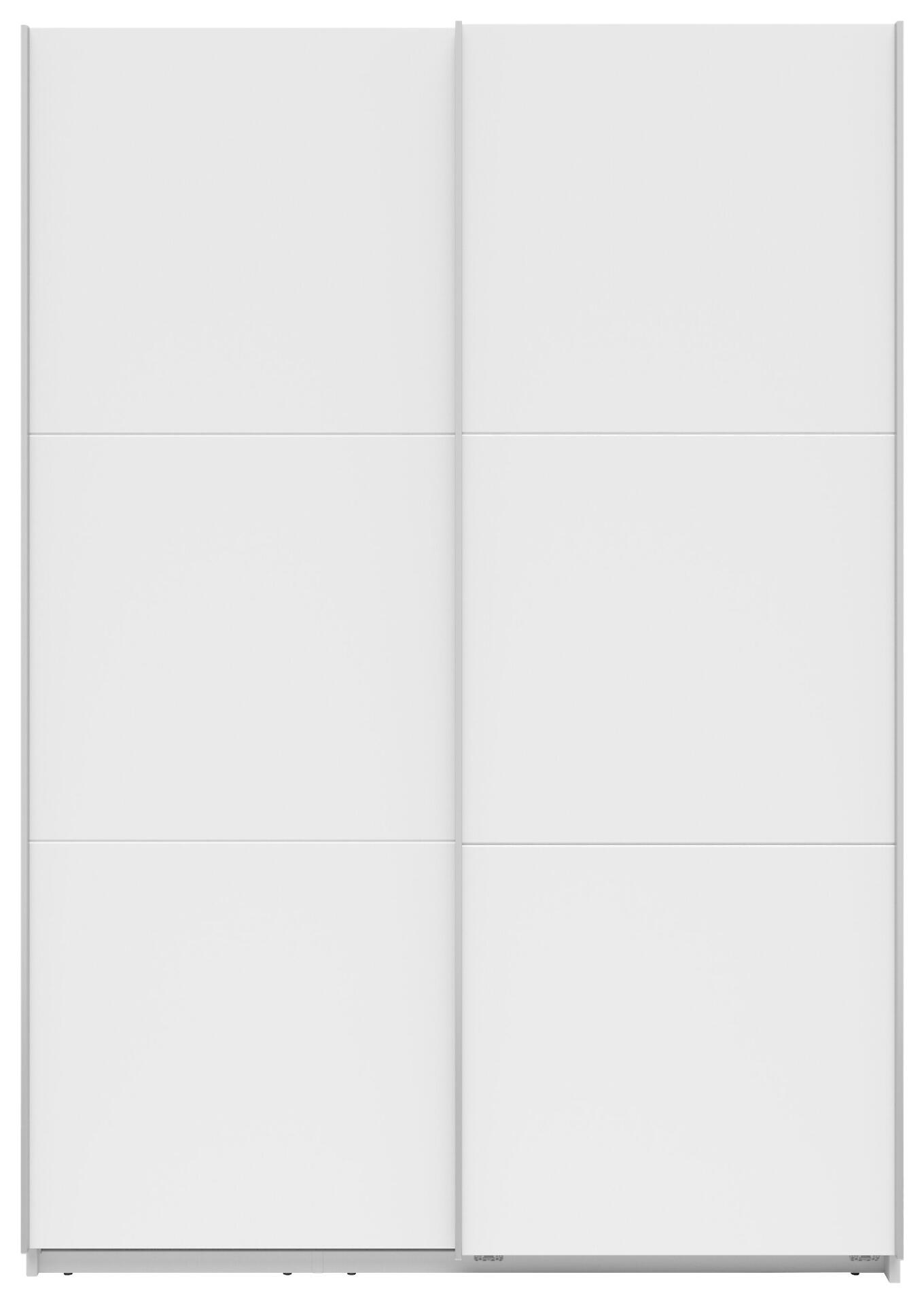 Weißer Schwebetürenschrank Neo mit Push-to-open-Funktion und bündigen Schiebetüren, der einen minimalistischen Eindruck vermittelt.