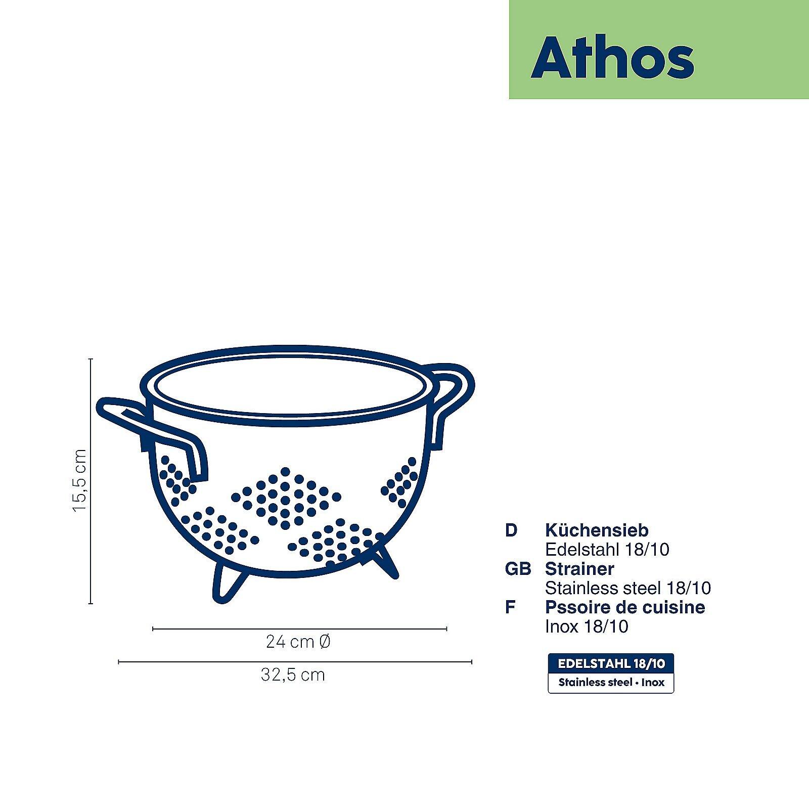 Edelstahl-Küchensieb Athos mit rundem Siebgeflecht, breitem Rand und drei Füßen, aus der Vogelperspektive sichtbar, Durchmesser 24 cm, Gesamtdurchmesser 32,5 cm, Höhe 15,5 cm.