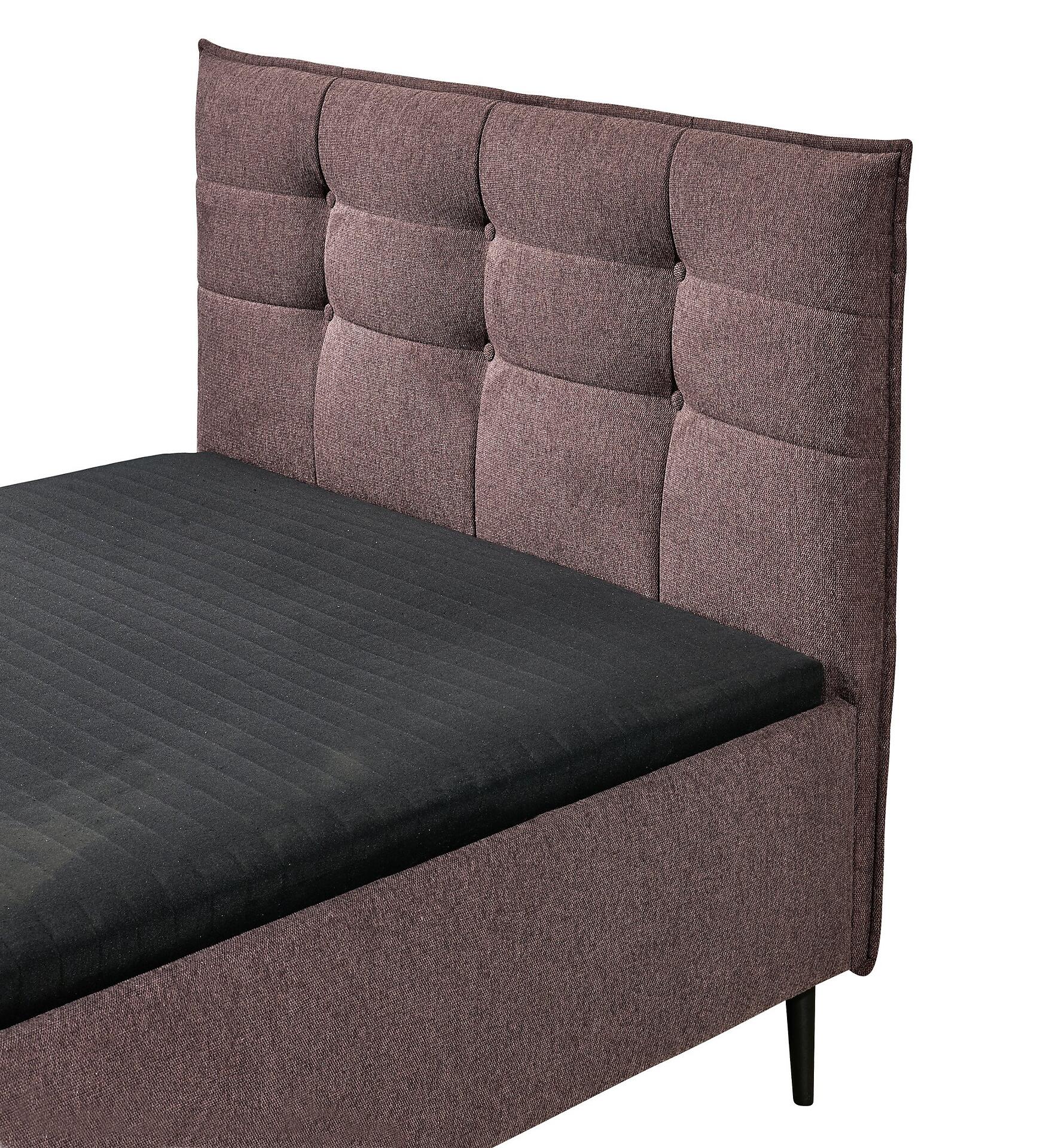 Polsterbett Mario B im Detail: Hochgestepptes, dunkelrotrgraues Kopfteil mit Karomuster und schmale, schwarze Füße aus Massivholz.
