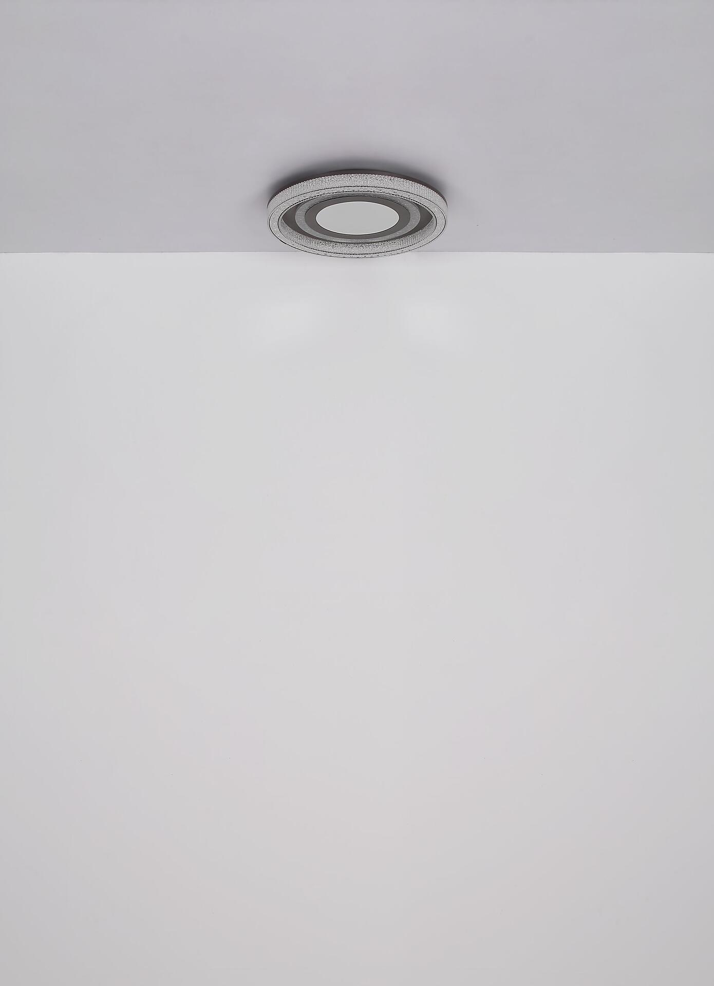 Deckenleuchte 48557-48W mit Acrylkristallen und dimmbarer LED-Beleuchtung, aus der Vogelperspektive betrachtet.