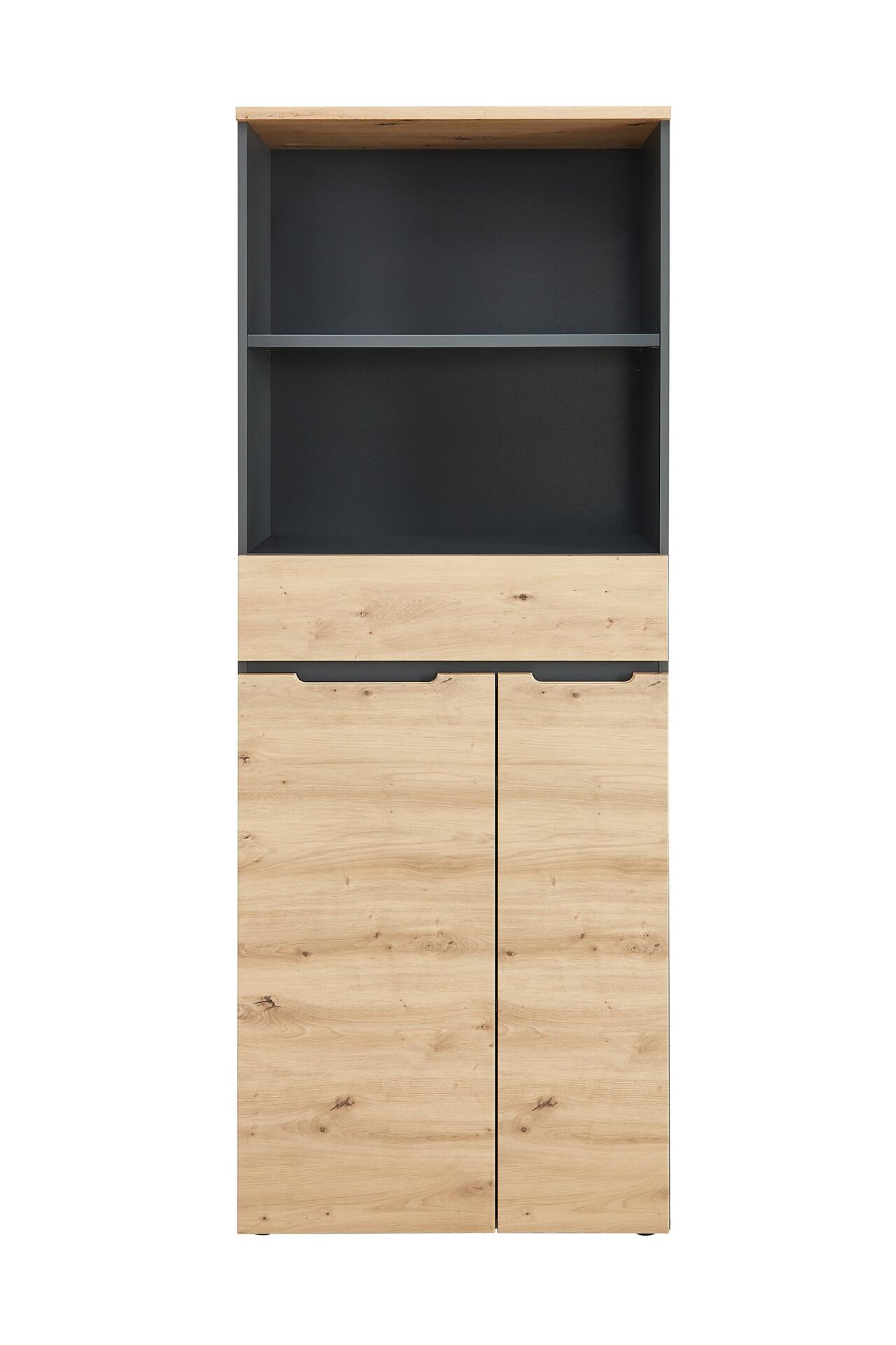 Büroschrank Memphis mit Artisan-Eiche-Optik, zwei Holztüren, offenem Fach und horizontalem, dunkelgrauem Streifen an Ober- und Unterseite.