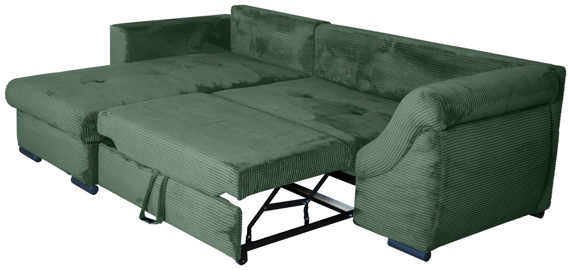 Dunkelgrüne Ecksofa New Dominicana in ¾-Perspektive mit ausgezogener Liegefläche und sichtbarer Schlafsofa-Mechanik, sowie blauen Applikationen an den Armlehnen.