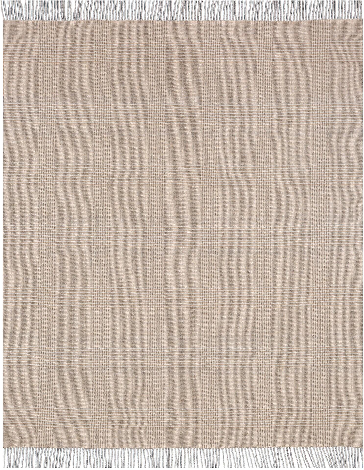 Detailaufnahme des Plaid-Stoffes mit kariertem Hahnentrittmuster in Beige und Grau, das die Textur mit rautenförmiger Prägung und überhängenden Fäden zeigt.