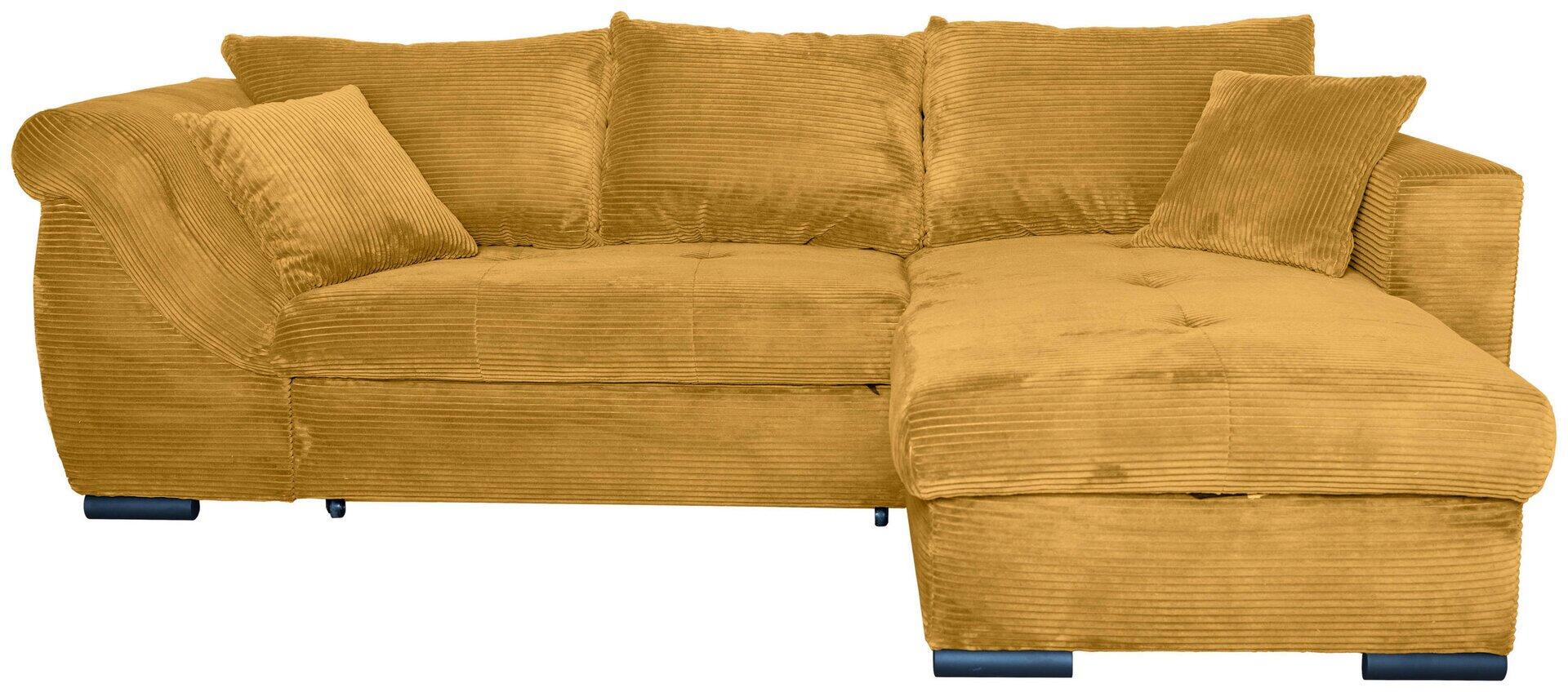 Ecksofa New Dominicana mit Cordstoffbezug in Goldton, frontal dargestellt mit ausgezogenen Liegeflächen und drei Zierkissen, sowie dunkelblauen, pulverbeschichteten Metallfüßen.