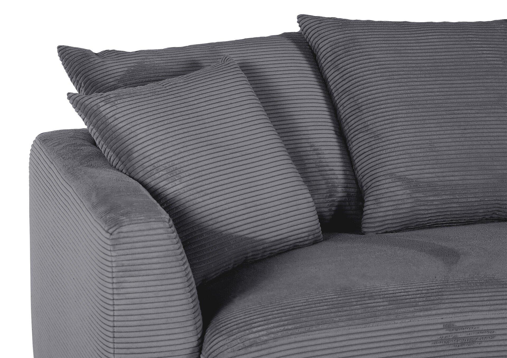 Graues Ecksofa Donato mit rechteckigen Kissen in Cord-Optik auf der Rückenlehne.