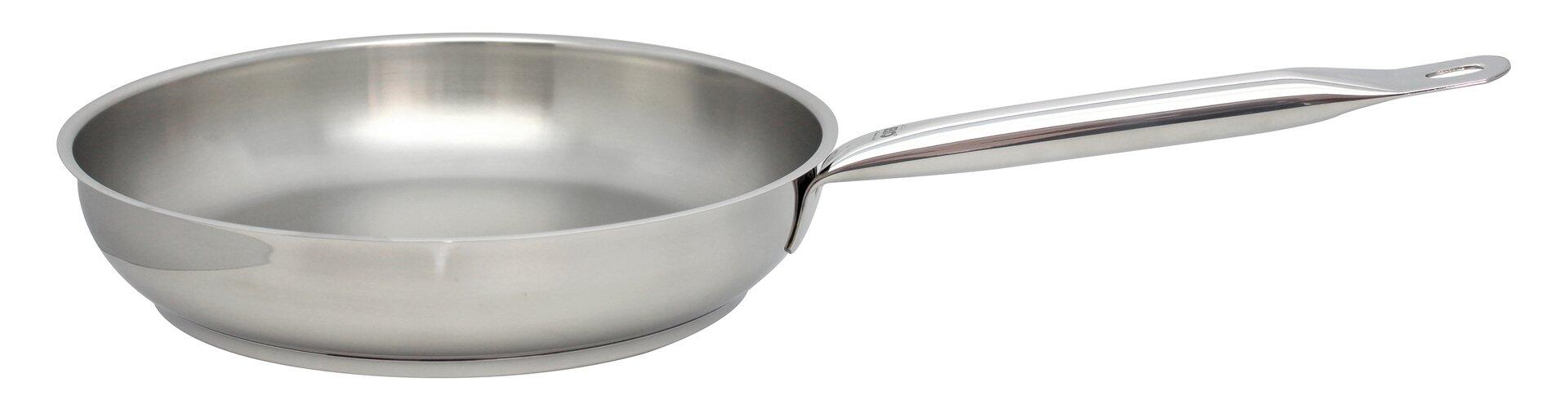 Profi Therm Bratpfanne aus Edelstahl mit gewölbtem Rand und konischem Boden für scharfe Ergebnisse.