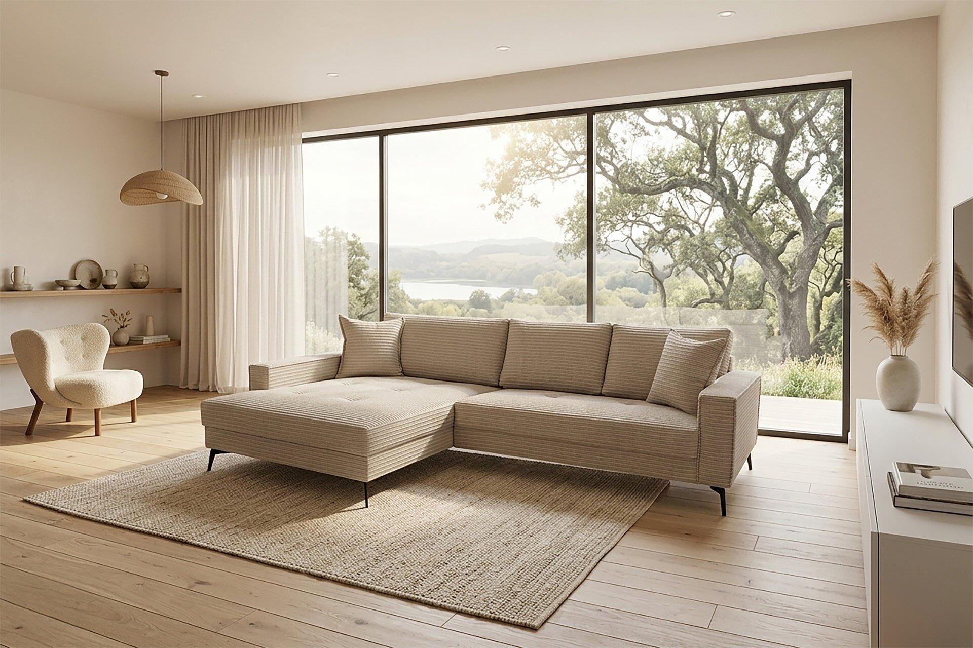 Moderne Polsterecke ZERO mit niedriger Sitzhöhe und ausziehbarer Liegefläche in hellbeige, präsentiert in einer stilvollen Wohnzimmer-Szene mit Blick auf eine grüne Landschaft.