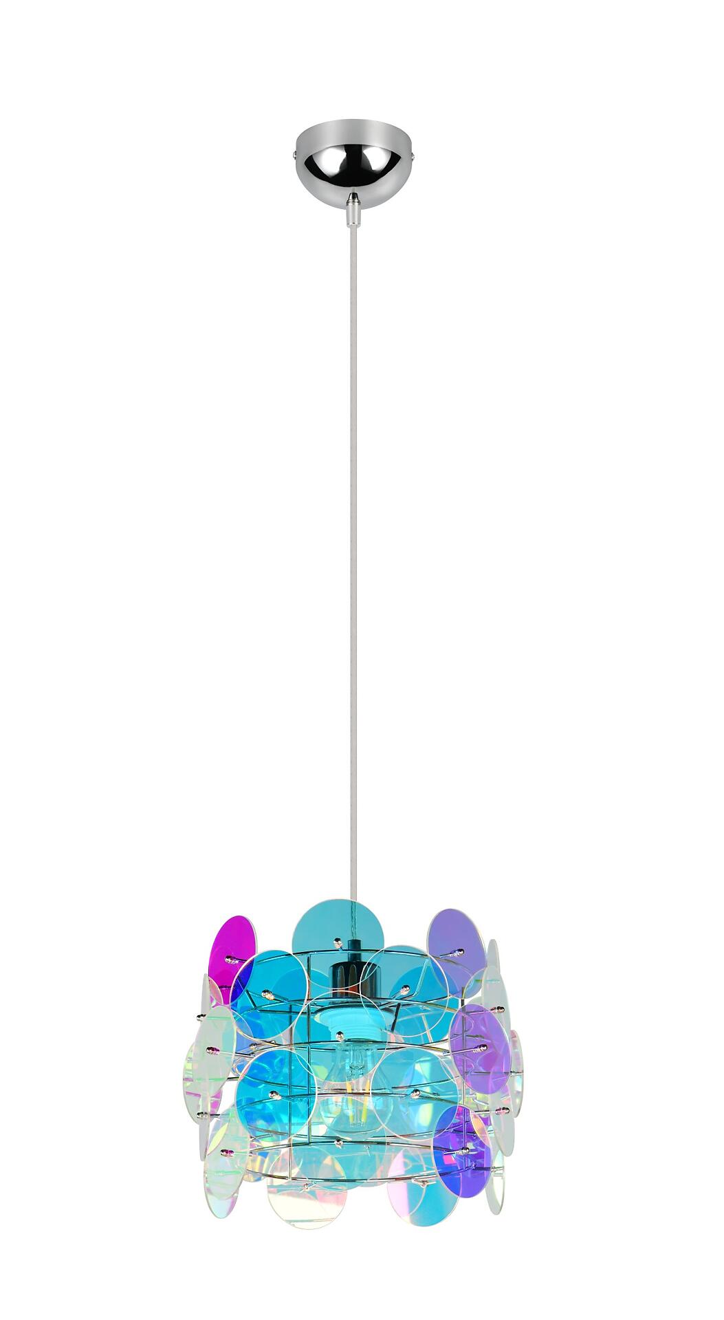 Pendelleuchte Iride mit irisierenden Glasscheiben in Blau, Violett und Türkis, dargestellt von unten mit silberfarbener Deckenmontage und schlankem Metallstab.