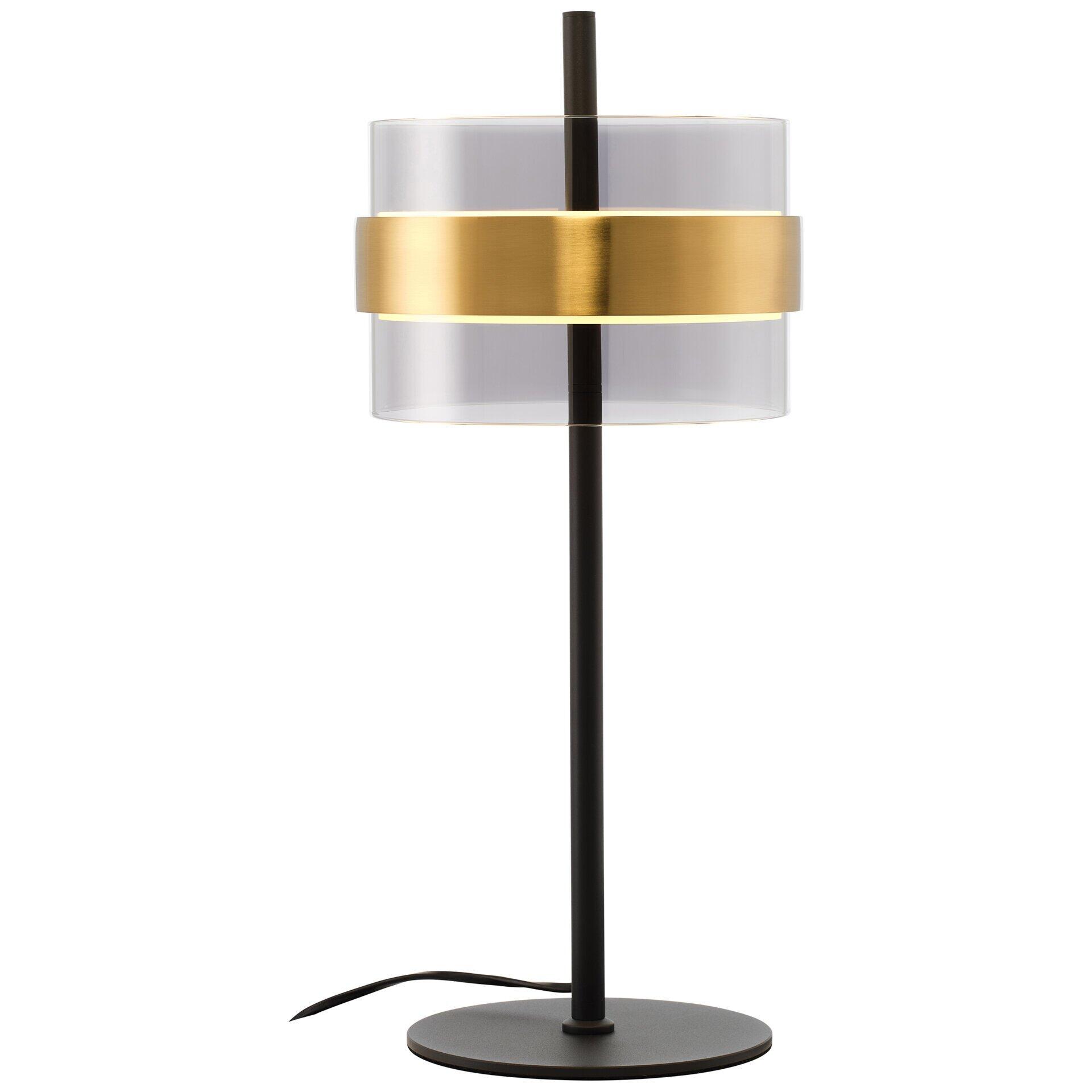 Tischleuchte Inside mit zylindrischem Glashirm, goldenem Ring und Touchdimmer.