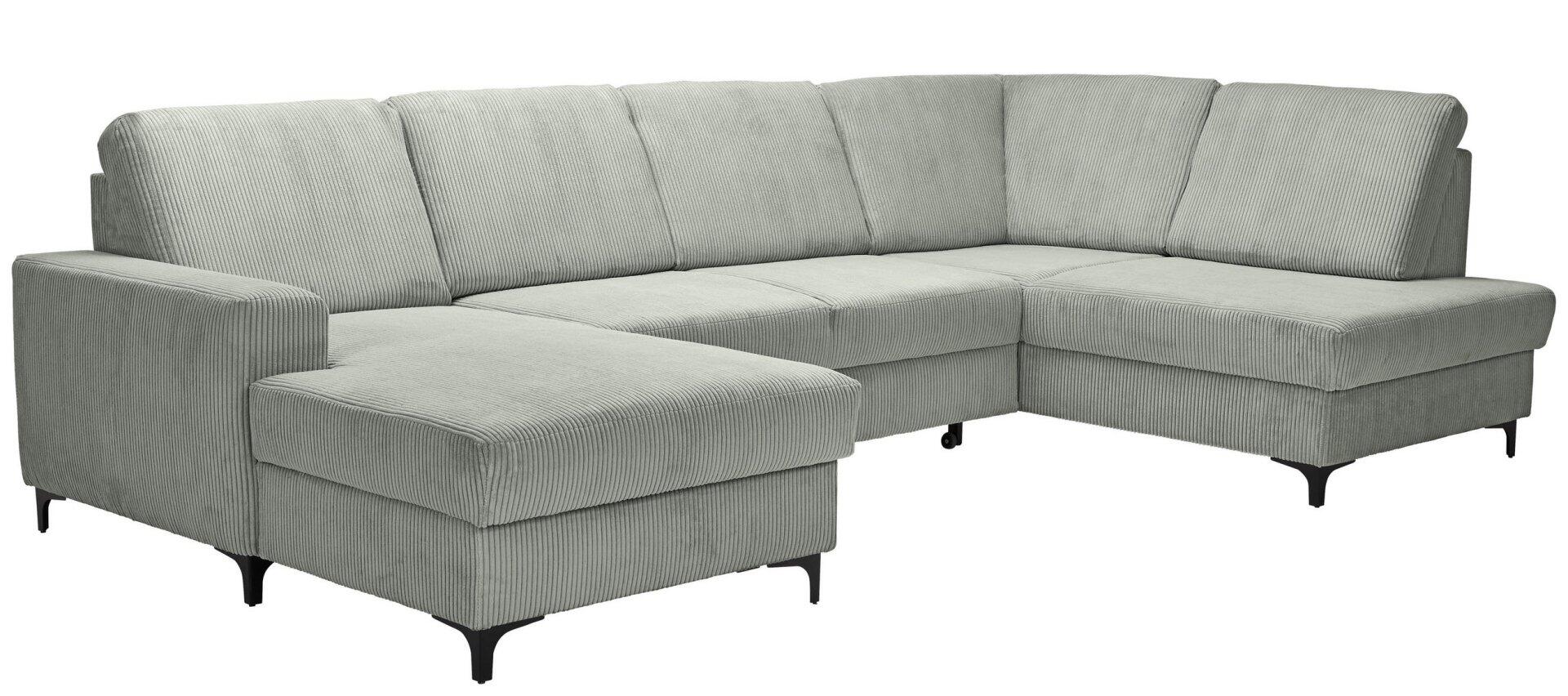 Graues Ecksofa Balina im 3-Sitzer-Design mit Winkelfüßen, ausgezogenem Bettkasten und Schlaffunktion, aus Frontalperspektive zur Ganzansicht.