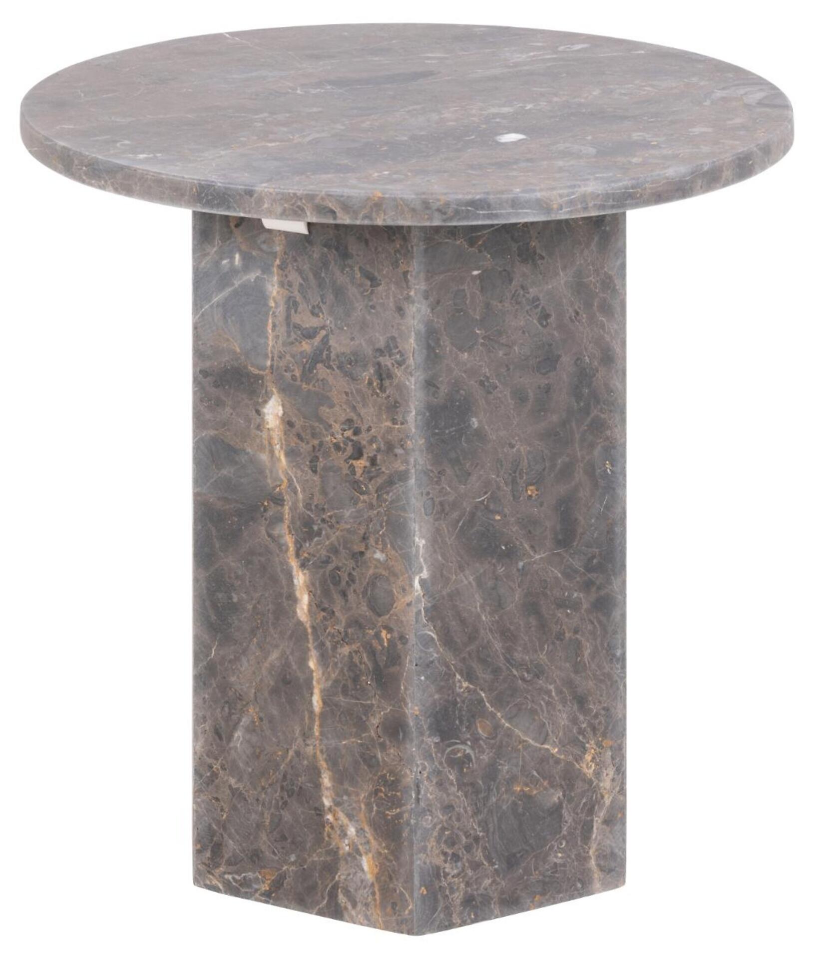 Runder Ecktisch Naxos mit grau-marmorierter Tischplatte und passendem Fuß, dargestellt in frontalem Blickwinkel vor weißem Hintergrund.