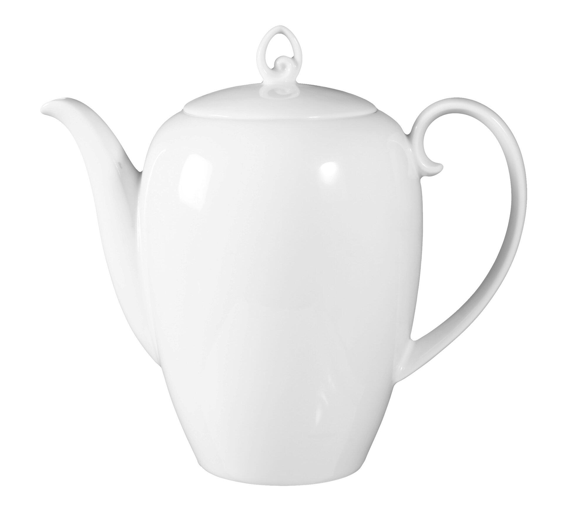 Weiße Kaffeekanne Rondo/Liane aus Porzellan in Seitenperspektive mit gebogenem Ausguss, geschwungenem Henkel und verzierten Details.