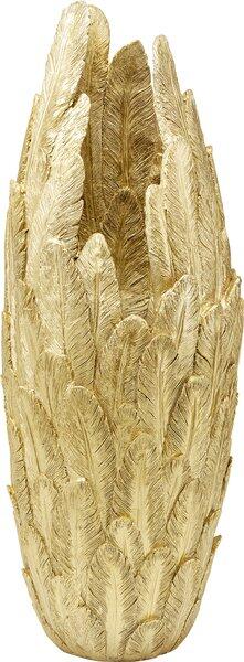 Goldfarbene Vase "Feathers Gold" mit detailliertem Federdekor, frontale Ansicht.