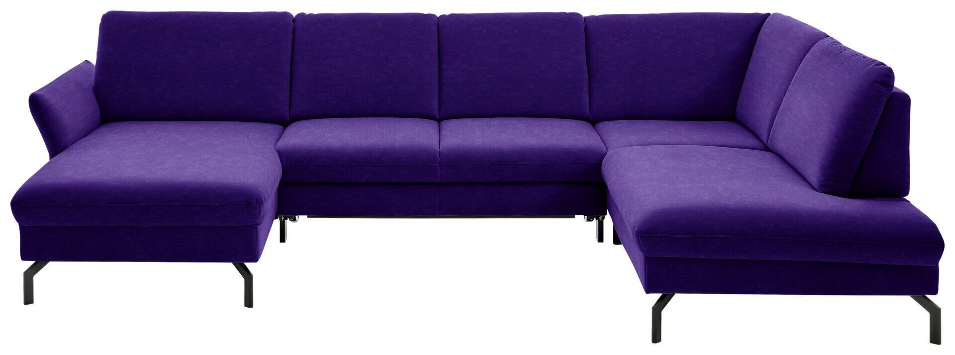 Violette Polstergruppe Wiesbaden in L-Form mit schwarzen Metallfüßen und flexiblen Sitzflächen und Rückenlehnen, die auf eine Relaxfunktion hindeuten.